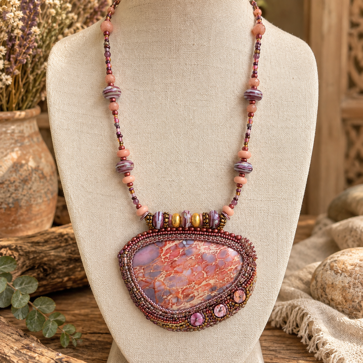 Lavender Rose Lampwork Statement Necklace