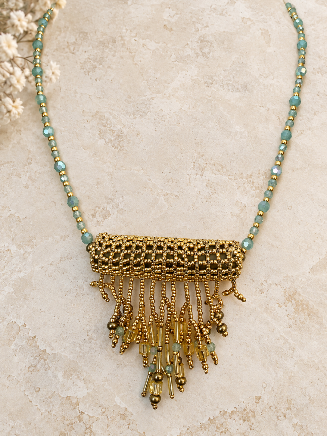 Golden Aqua — Estate Beadwork Necklace