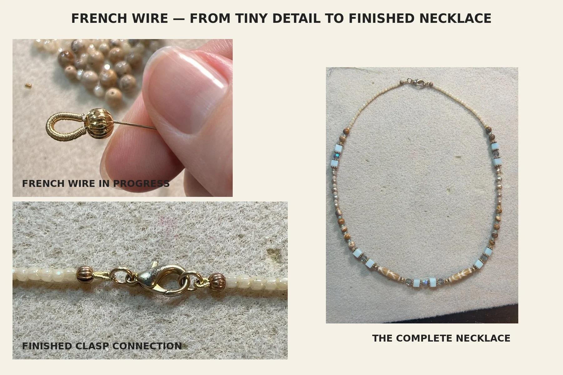 Three views of French wire used in a handmade necklace: the protective loop in progress, the finished clasp connection, and Kristina Amato’s complete aqua, cream, bronze, and pearl-toned necklace.