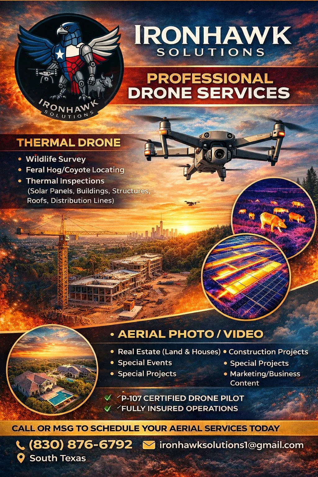 Flyer for Ironhawk Solutions professional drone services, featuring drone imagery, construction site, wildlife, solar panels, and aerial shots of buildings and homes.