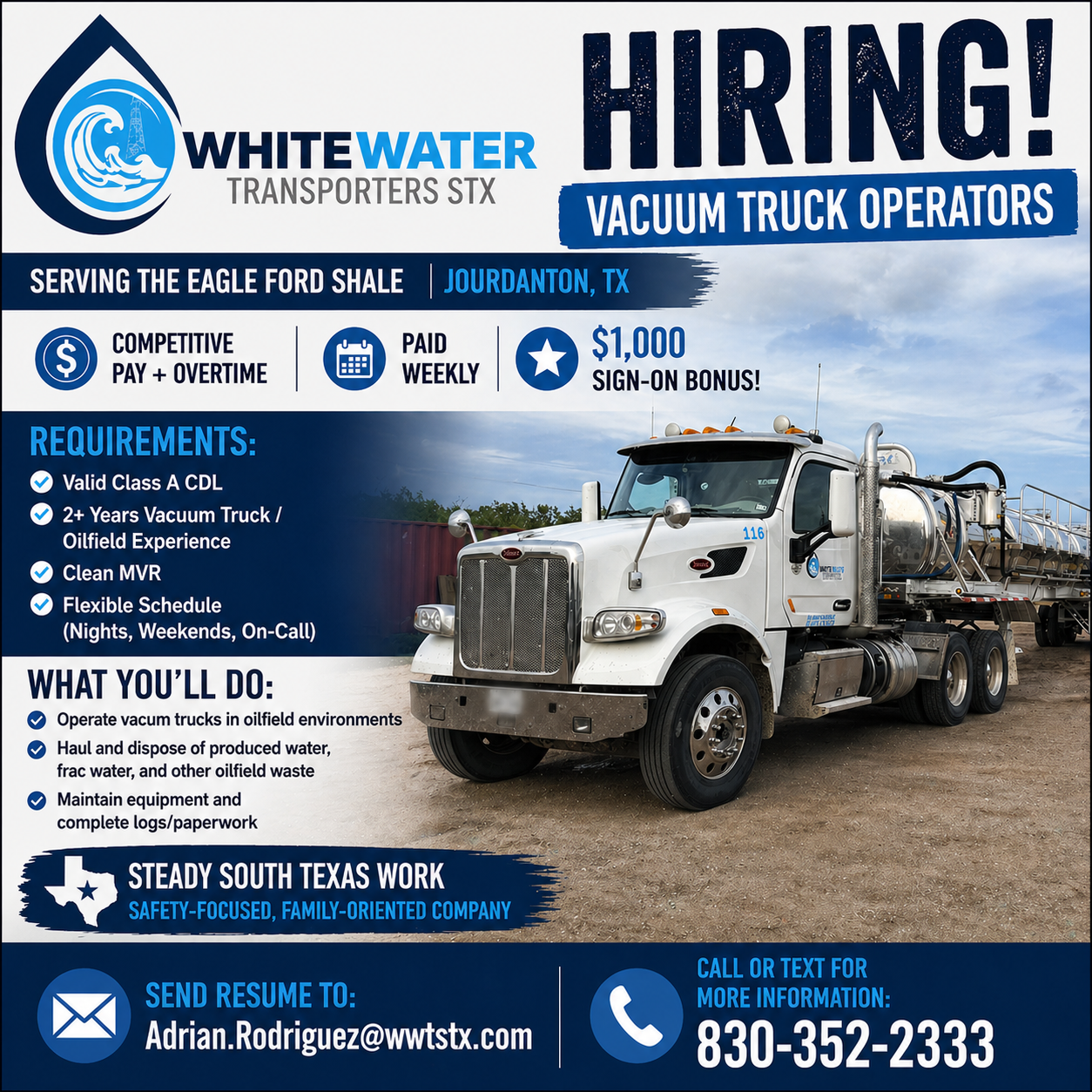 A recruitment advertisement for vacuum truck operators at White Water Transporters STX in Jourdanton, Texas, featuring a white vacuum truck in an oilfield environment and details of the job's requirements, benefits, and contact information.