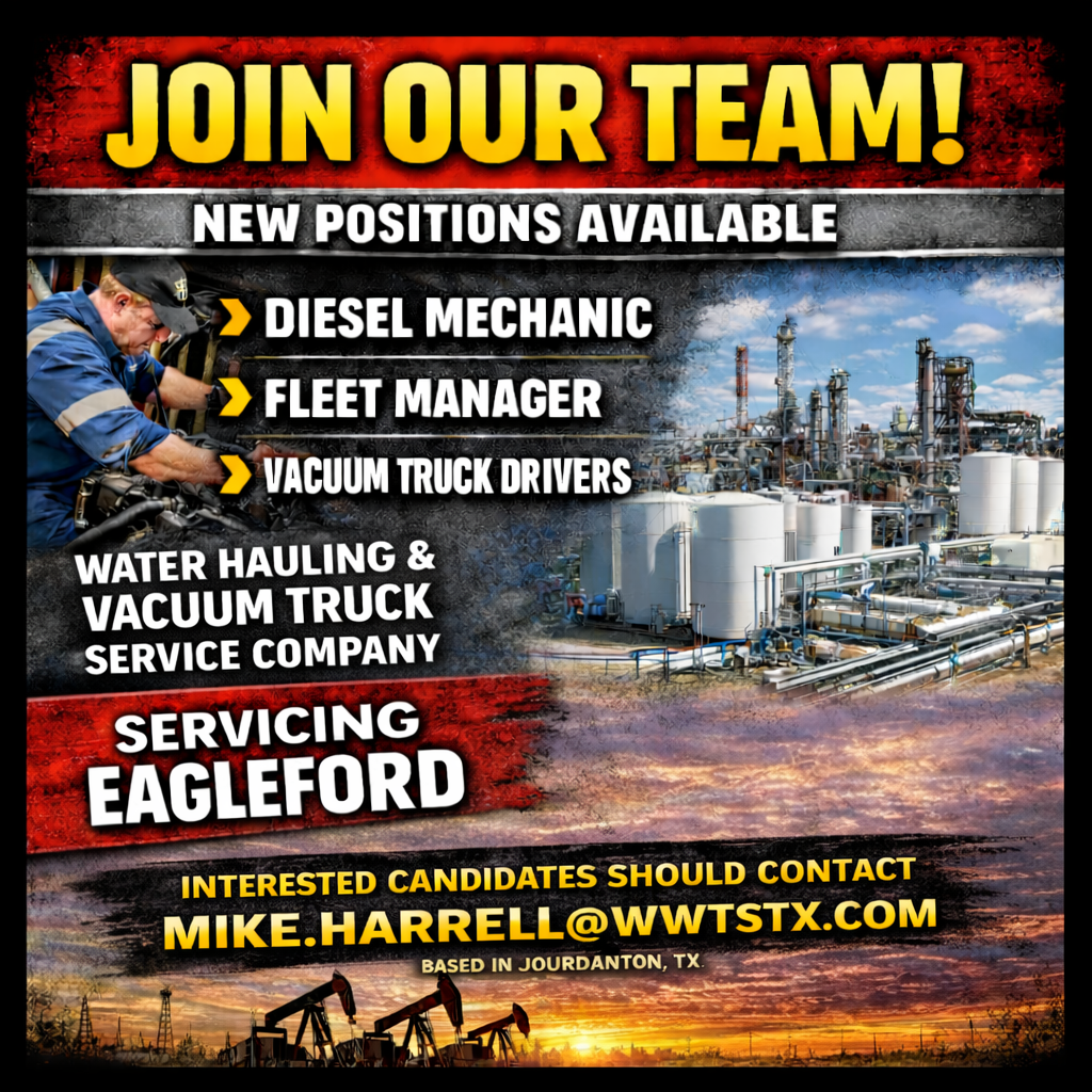 A newly developed oil refinery with several industrial tanks and pipes against a sunset background. Overlaid text announces job openings for diesel mechanic, fleet manager, and vacuum truck drivers, and indicates the company services in Eagleford, Texas. Contact information for interested candidates is provided.