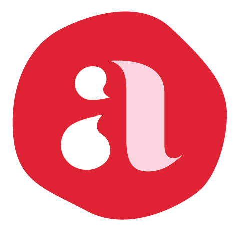 Red circle with white and pink stylized lowercase letter 'a' and two white circles.