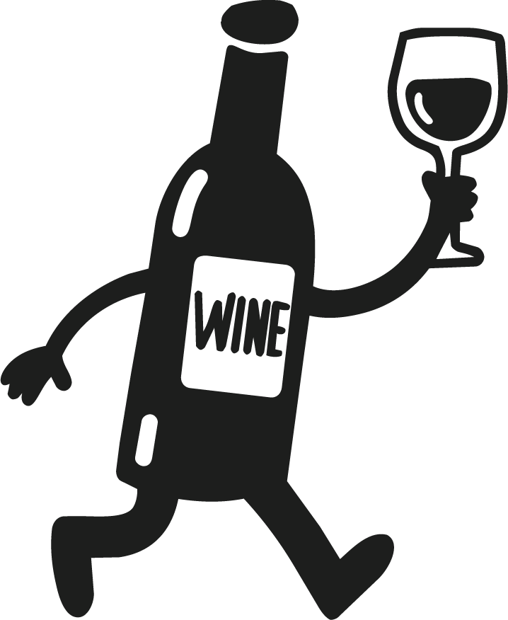 A cartoon illustration of a walking wine bottle holding a wine glass.