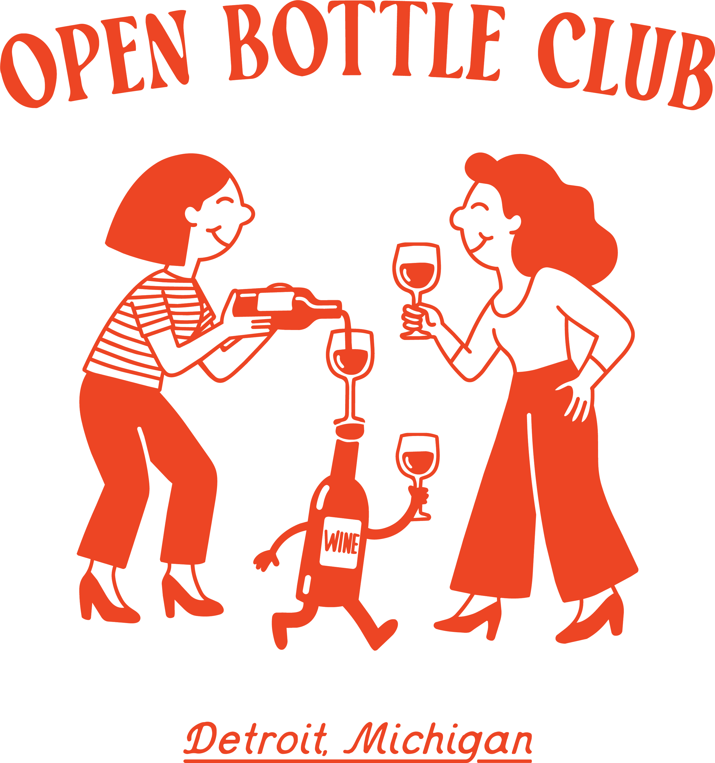 Illustration of two women enjoying wine at a social gathering, with a focus on the logo 'Open Bottle Club' in red, and text indicating the location 'Detroit, Michigan' at the bottom.