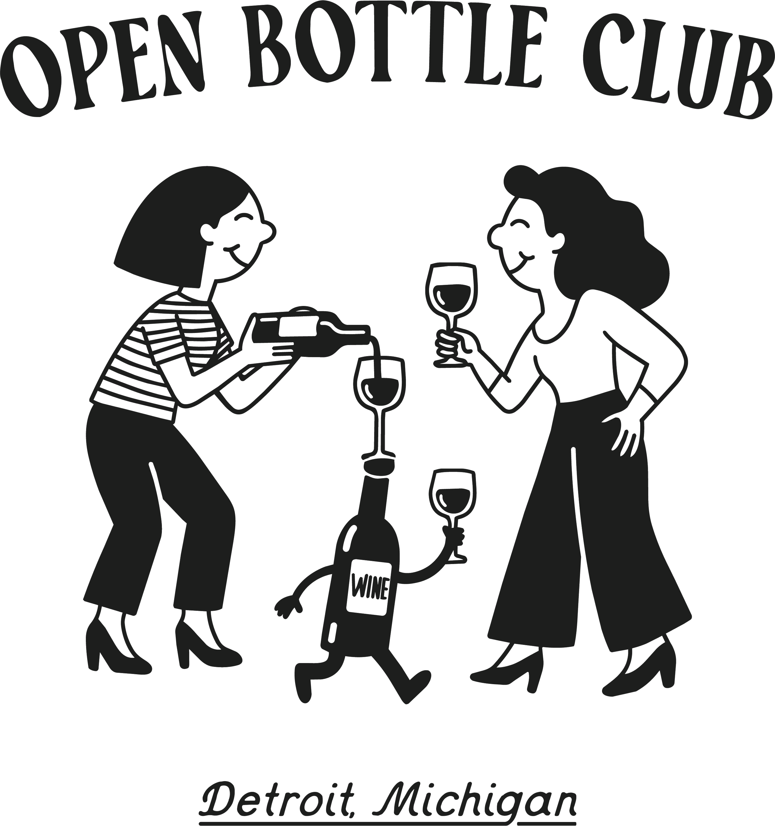 Line art logo for the Open Bottle Club featuring two women clinking wine glasses, with the text 'Open Bottle Club' at the top and 'Detroit, Michigan' at the bottom.