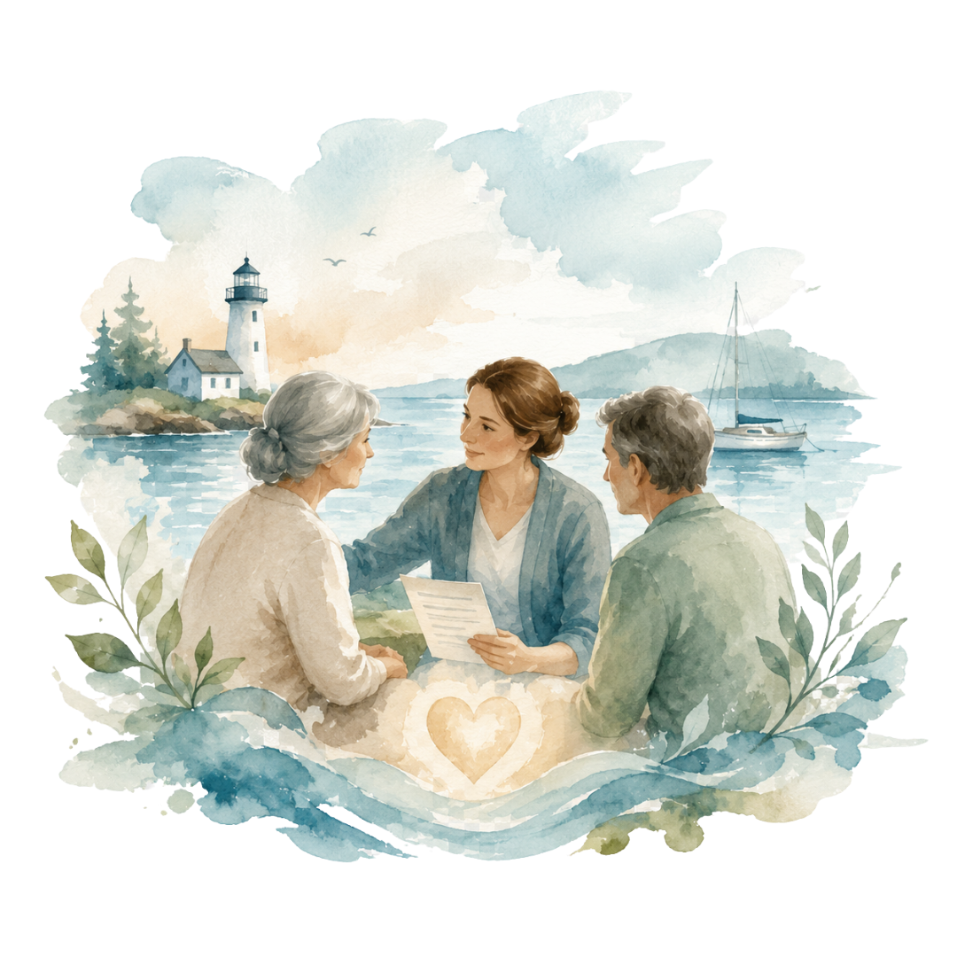 Watercolor illustration of a nurse practitioner discussing care with an older couple