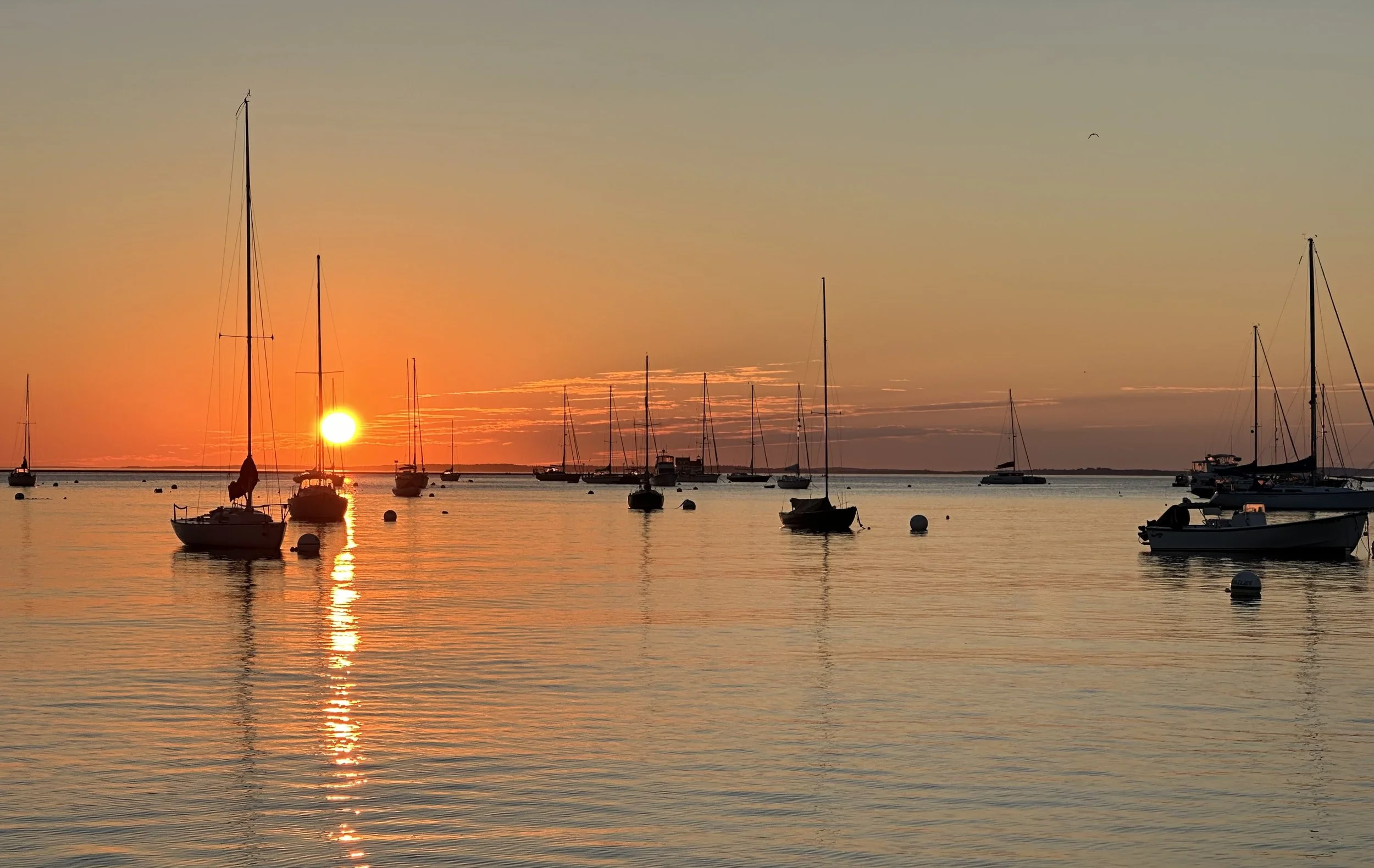 Sunset over a calm harbor on the Maine coast