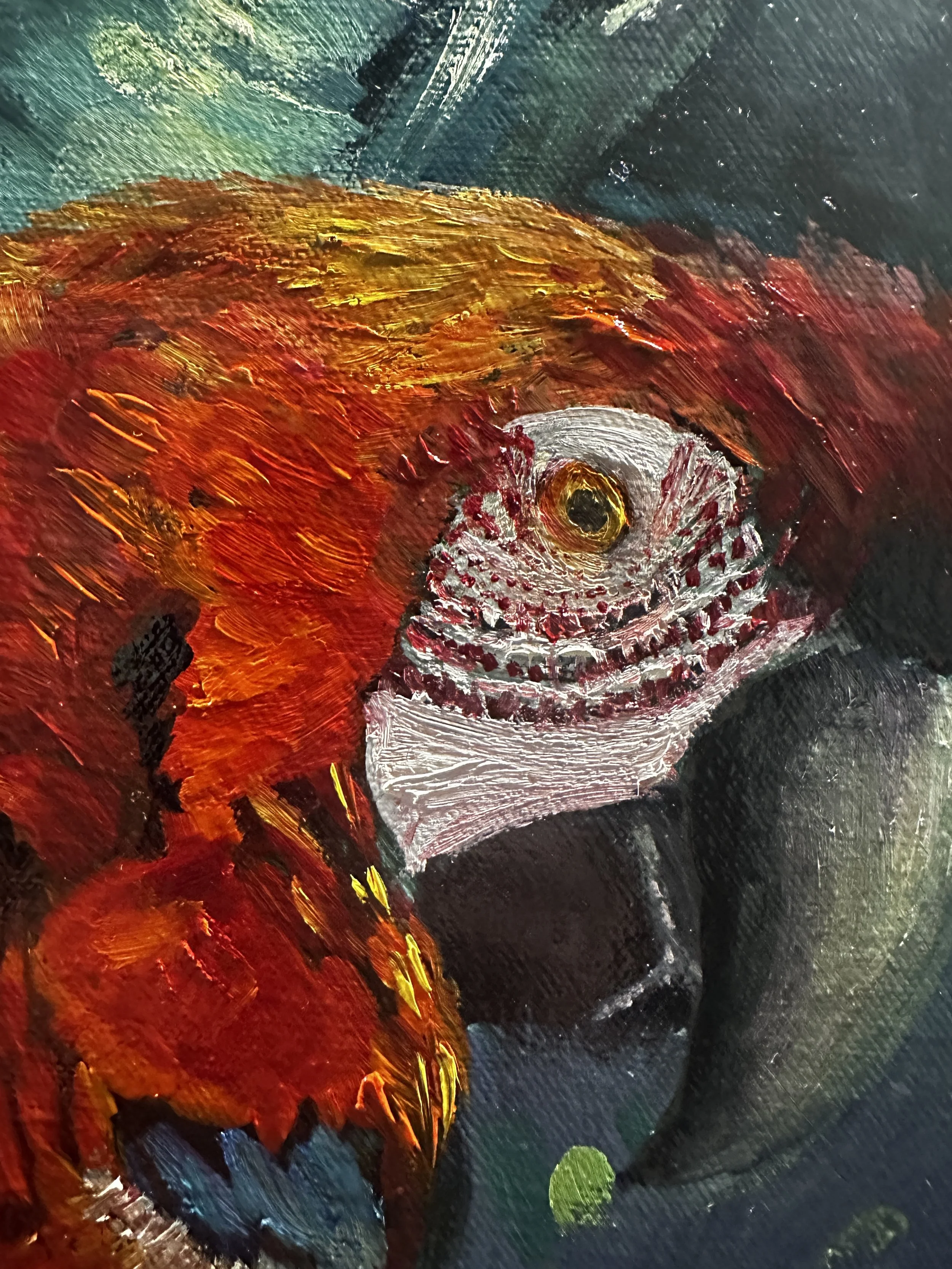 Abstract painting with bold brushstrokes and vibrant colors, including red, yellow, white, blue, and green.