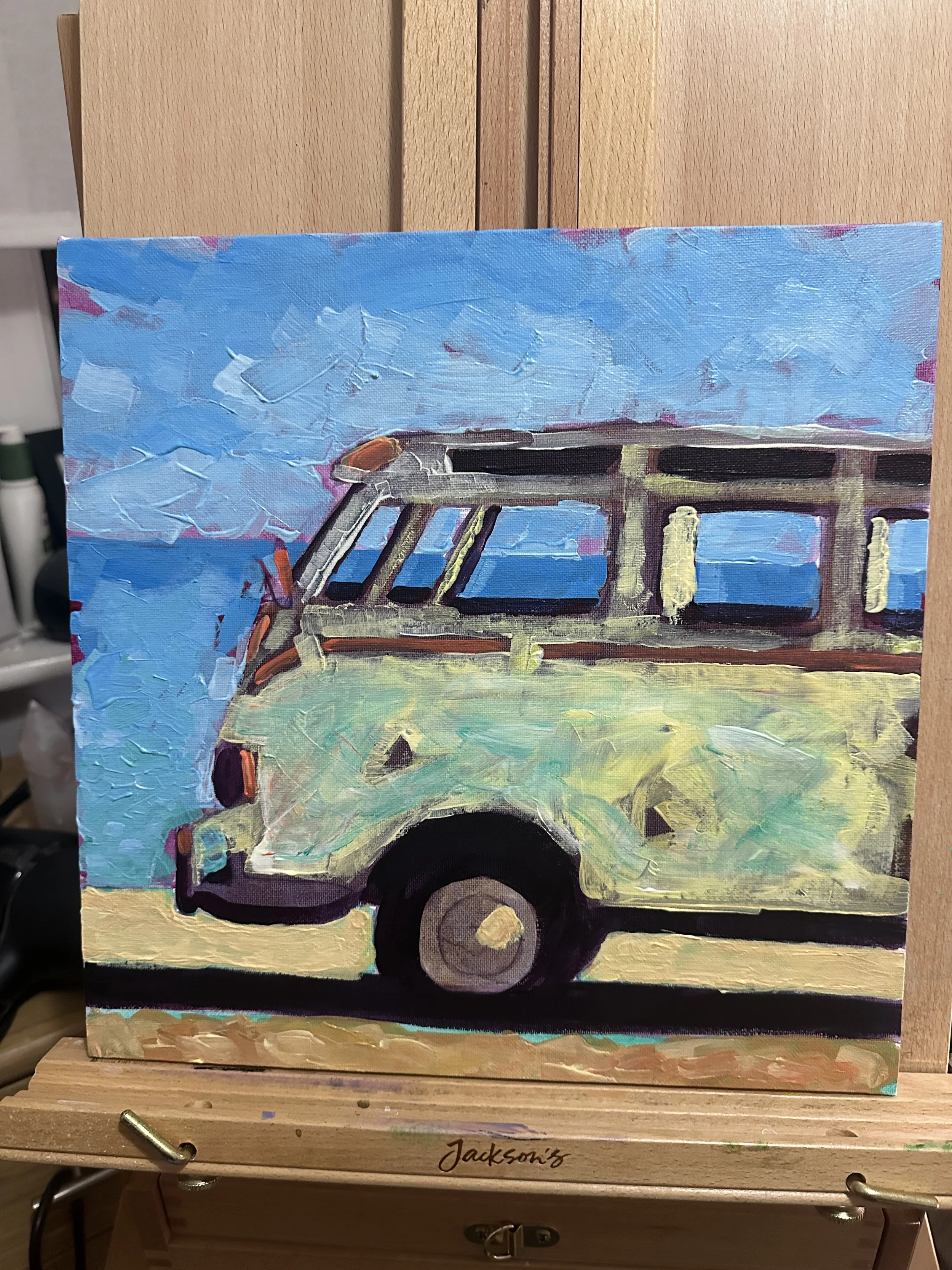 A painting of a light green bus with a horizon of water and a cloudy, blue sky in the background, painted with thick, textured brushstrokes in an impressionistic style.