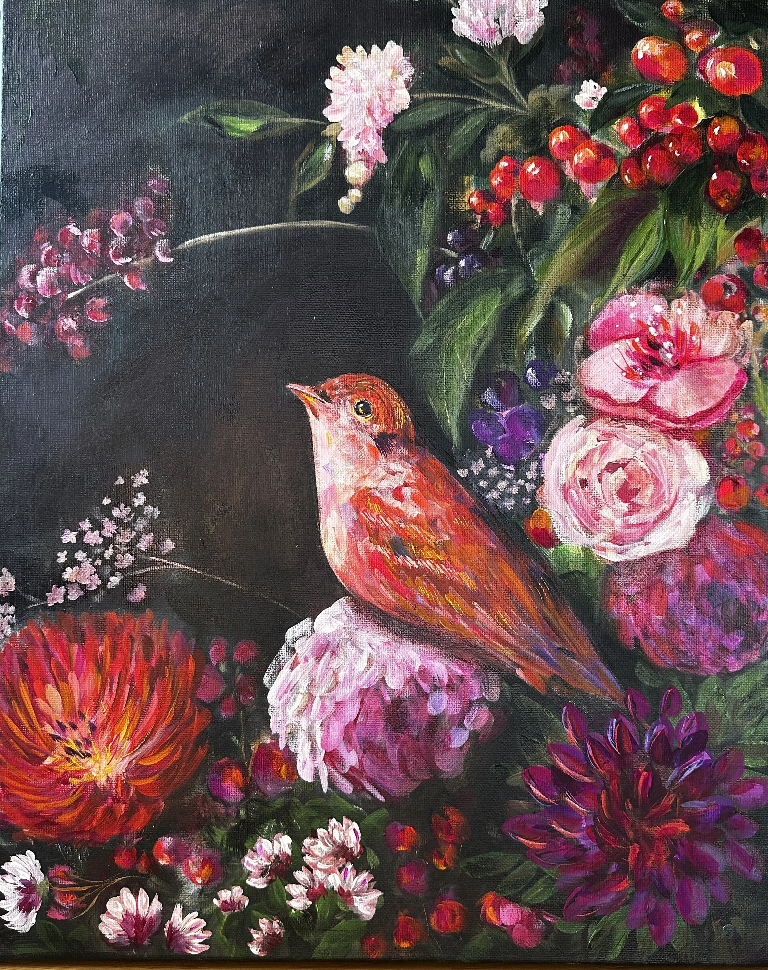 Original oil painting of a colourful bird surrounded by flowers by Beverly Swift