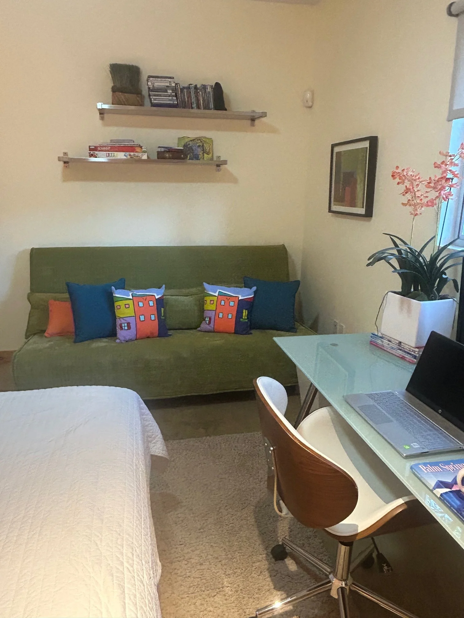 A living room with a green sofa, colorful pillows, two wooden shelves with books and decorative items, a framed picture on the wall, a potted plant near a window, and a white desk with an open laptop and a chair.