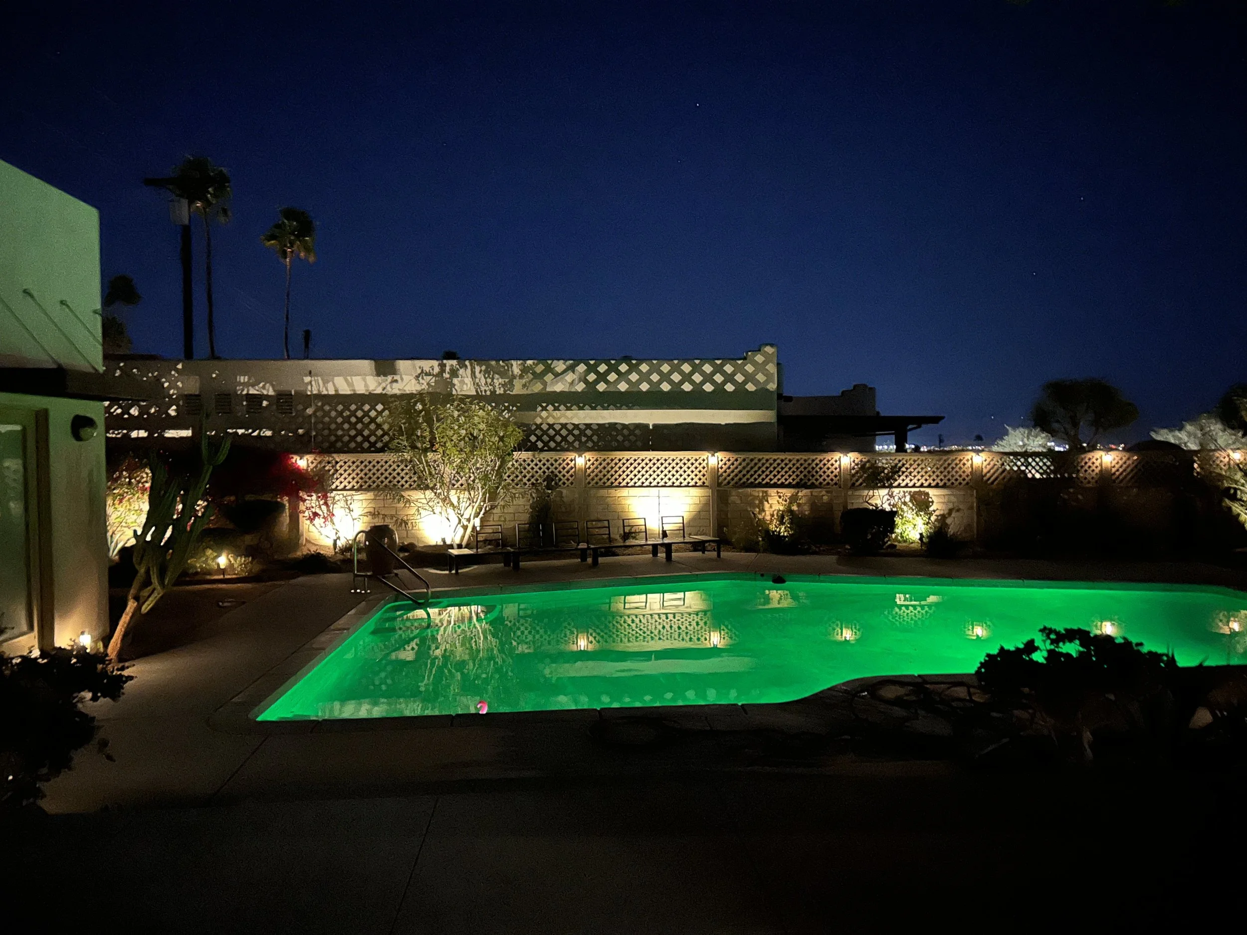 A backyard scene at night showing a swimming pool with green underwater lights, surrounded by a patio with outdoor furniture, plants, and a wooden fence. Tall palm trees are visible in the background against a dark sky.
