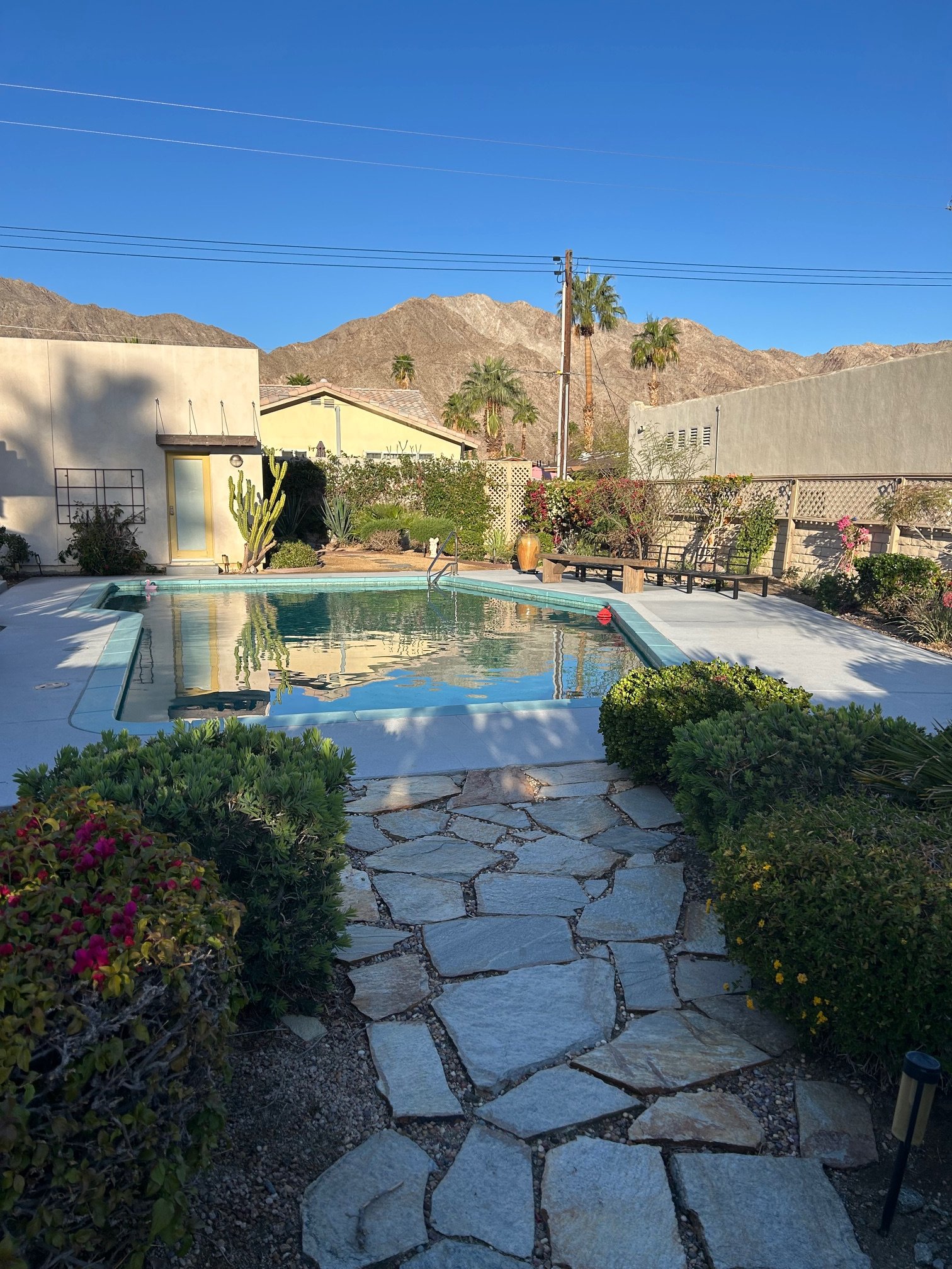 A backyard with a swimming pool, stone pathway, and a garden with plants and flowers, with a mountain range and blue sky in the background.