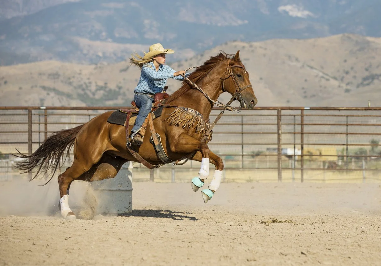 A young girl wearing a cowboy hat and blue plaid shirt riding a galloping brown horse in an outdoor riding arena with mountains in the background.
