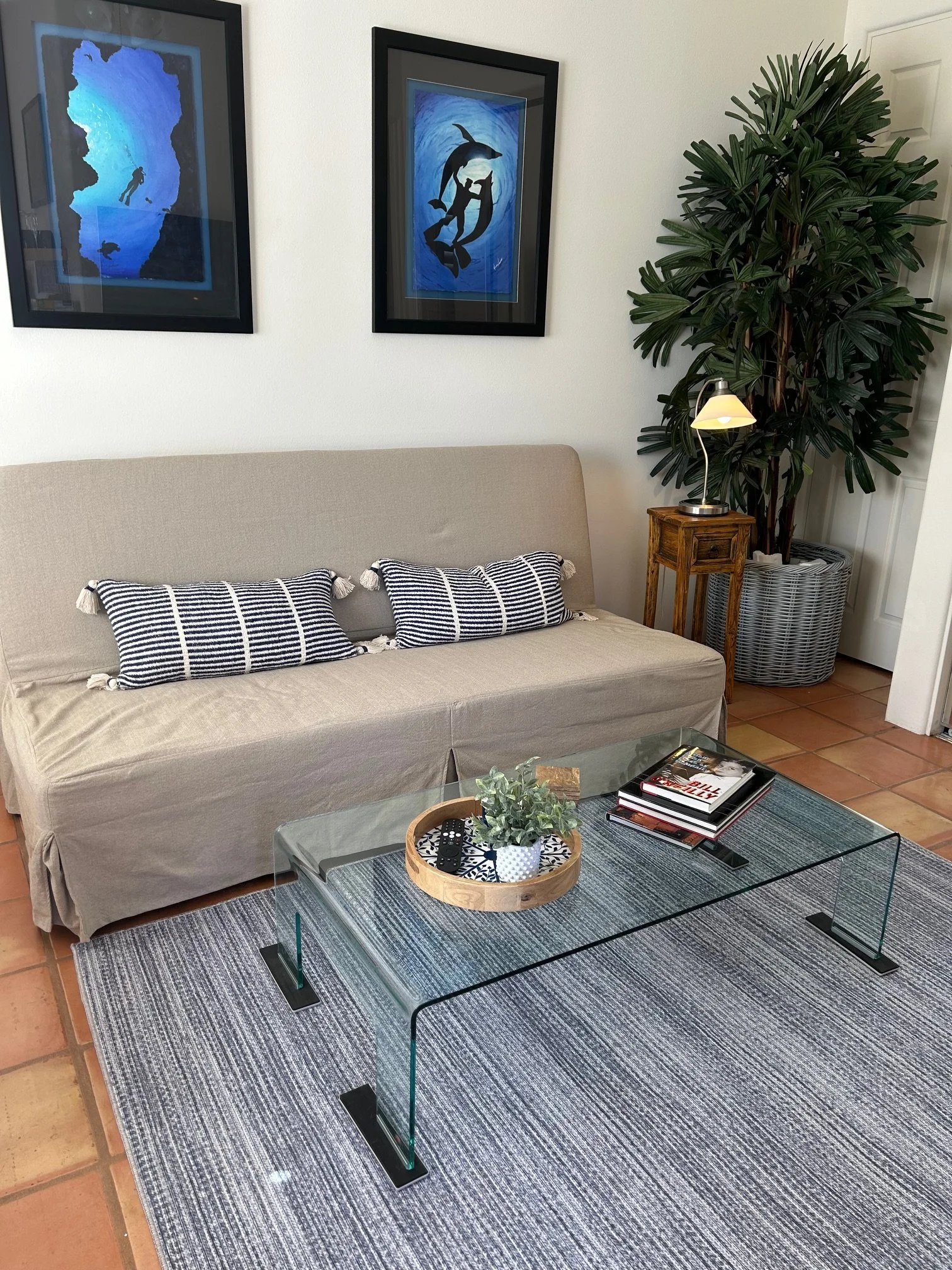 Living room with beige sofa, striped pillows, glass coffee table with tray, small green plant, TV remote, and magazines. Wall has two framed ocean-themed paintings, tall plant, small wooden side table with a lamp, and a woven basket. The floor is til