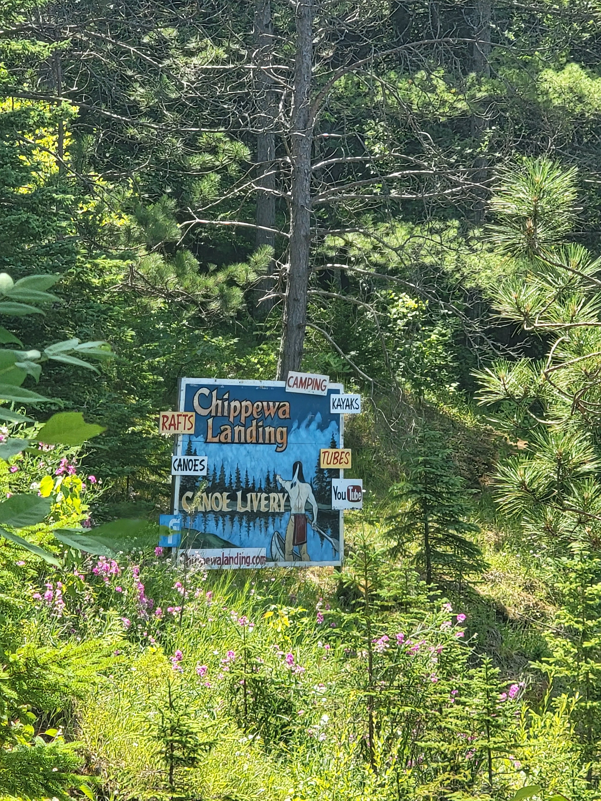 Sign for Chippewa Landing, featuring activities such as camping, kayaking, rafting, canoeing, tubbing, and a YouTube channel, set in a lush, wooded area with green foliage, trees, and flowers.