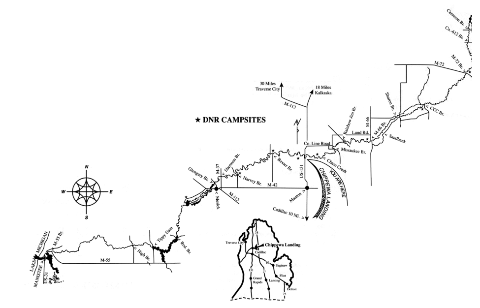 Map showing camping sites, roads, and landmarks along the Chippewa River in Michigan, including DNR campsites, Chippewa Landing, and nearby towns such as Traverse City and Kalkaska.