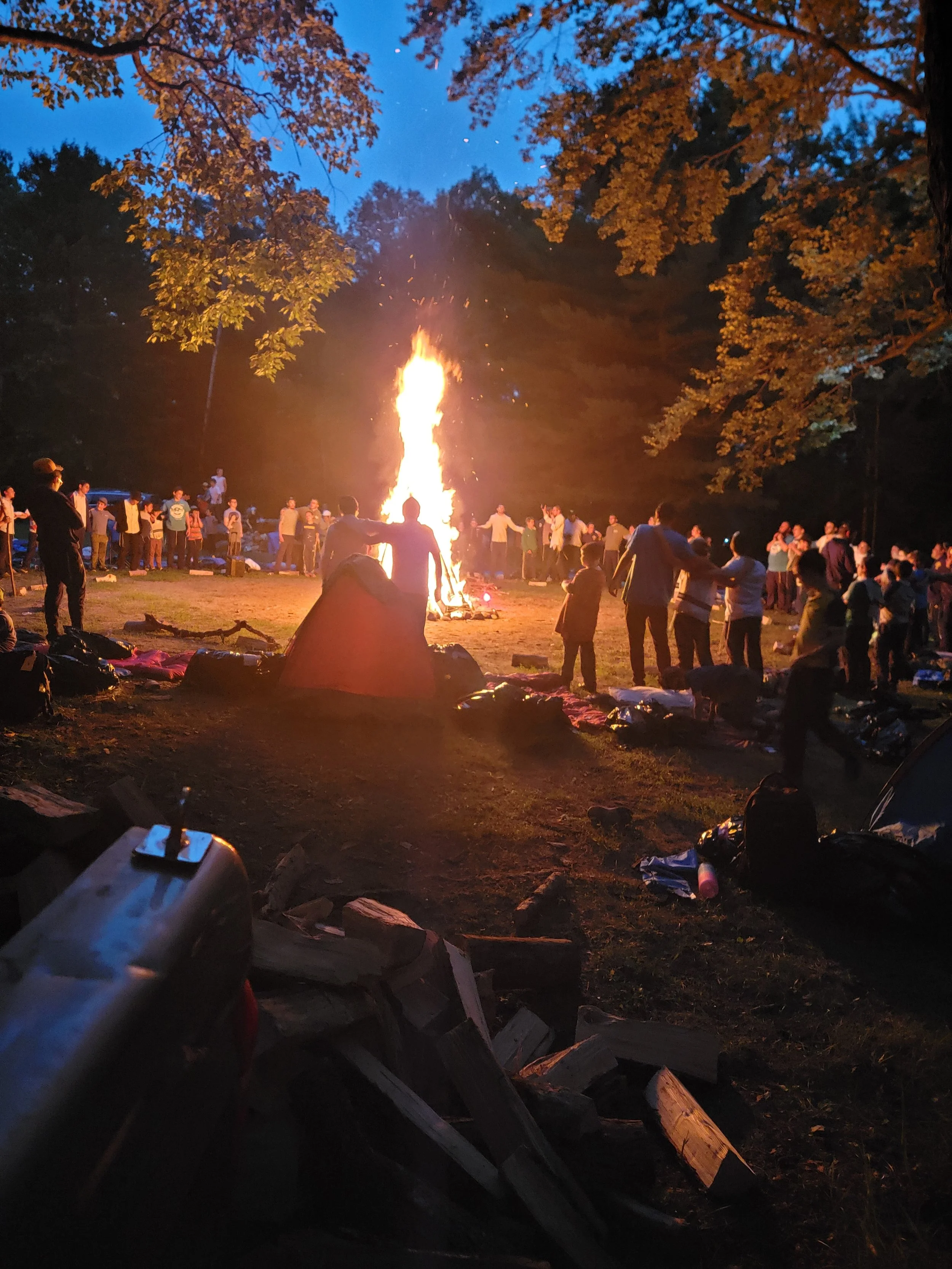 People gathered around a large bonfire in a forested area during twilight, some dancing and socializing, with trees overhead and camping gear on the ground.