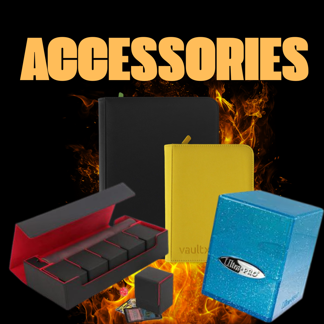 Collection of gaming accessories including a black travel case, yellow notebook, blue storage box, and black and red card case, with fiery background and a large orange 'ACCESSORIES' text at the top.