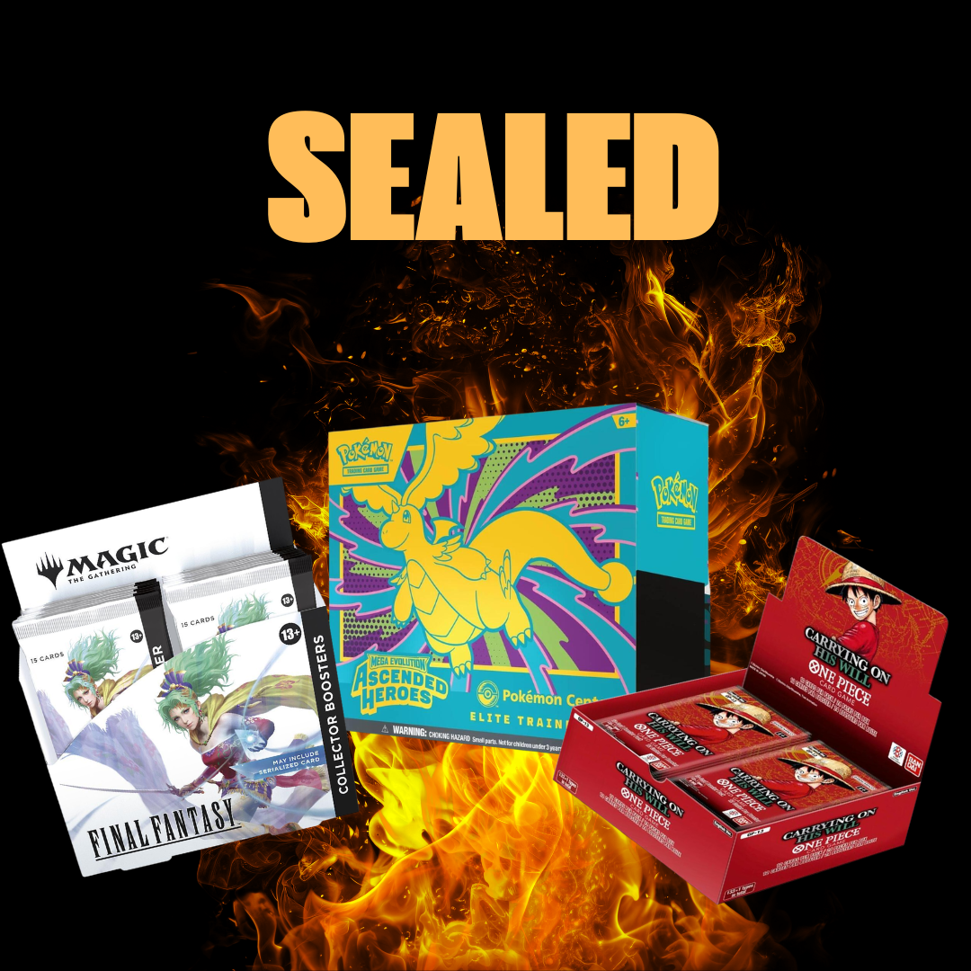 A digital illustration of sealed trading card products, including Magic: The Gathering booster packs, Pokémon Mega Evolution Elite Trainer box, and One Piece carrying on pill card game, with a black background and flames at the bottom and the word "SEALED" in large orange letters at the top.