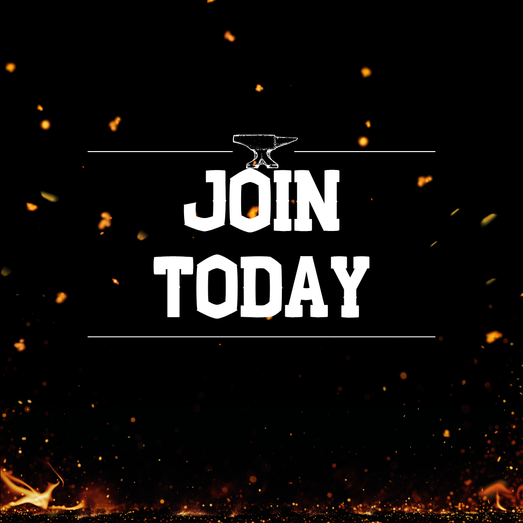 Black background with sparks and ashes, white text reading 'Join Today', with a hammer icon above the text.