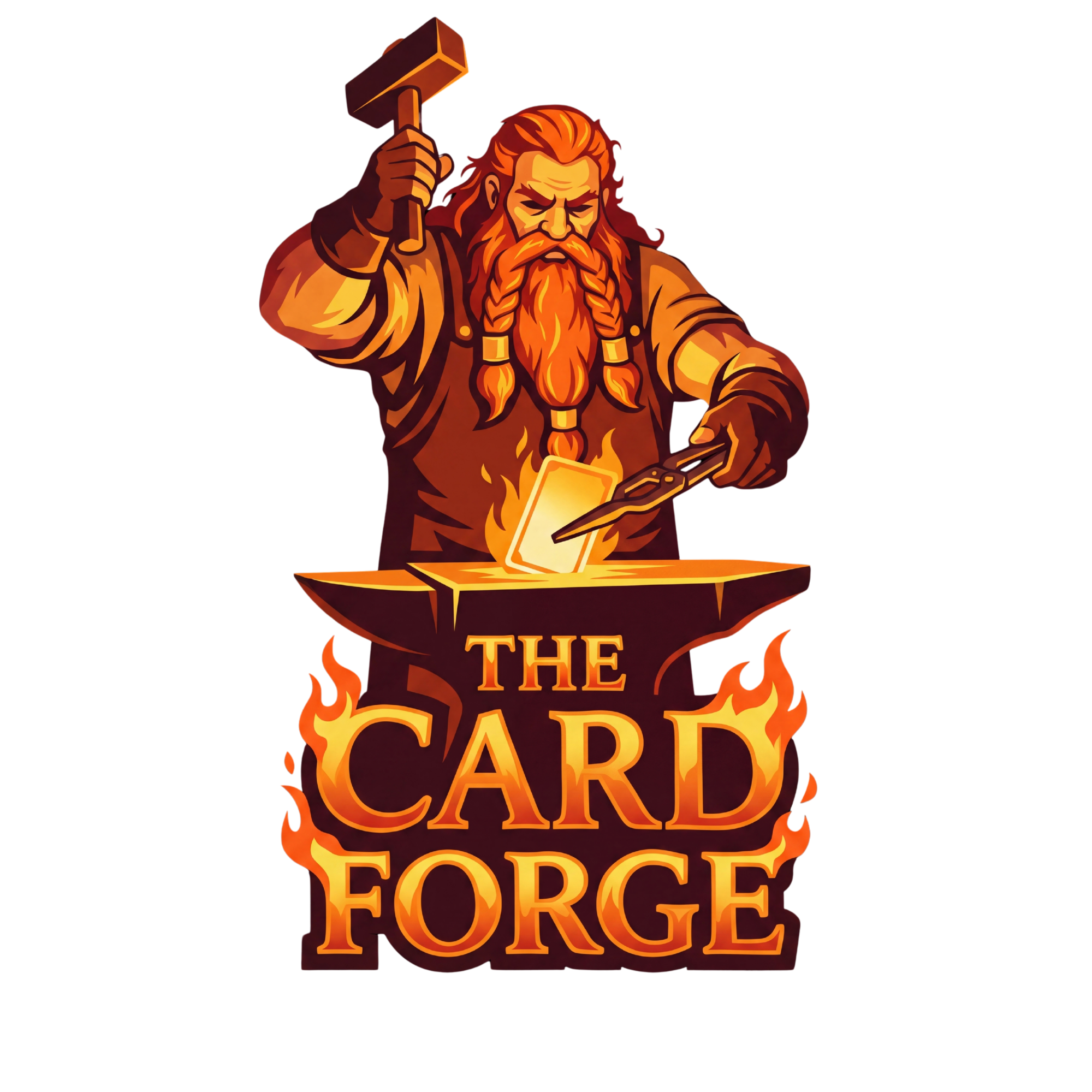 A stylized illustration of a bearded dwarf with long hair, holding a hammer above his head, and reading a scroll or book. The illustration has a fiery theme with flames surrounding the bottom part of the image. The words "The Card" and "Force" are partially visible in bold lettering.