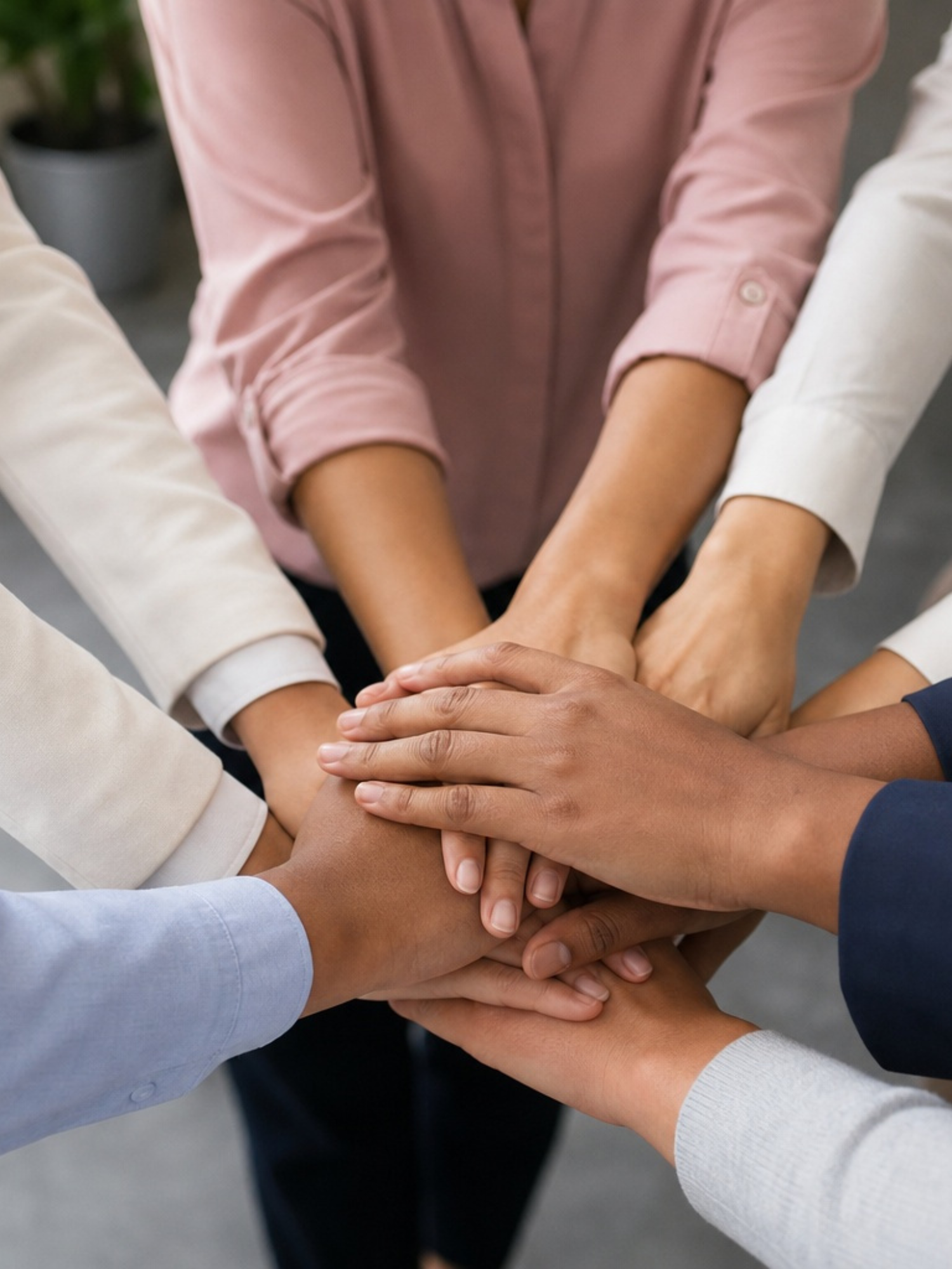 A professional team with hands together in a circle.
