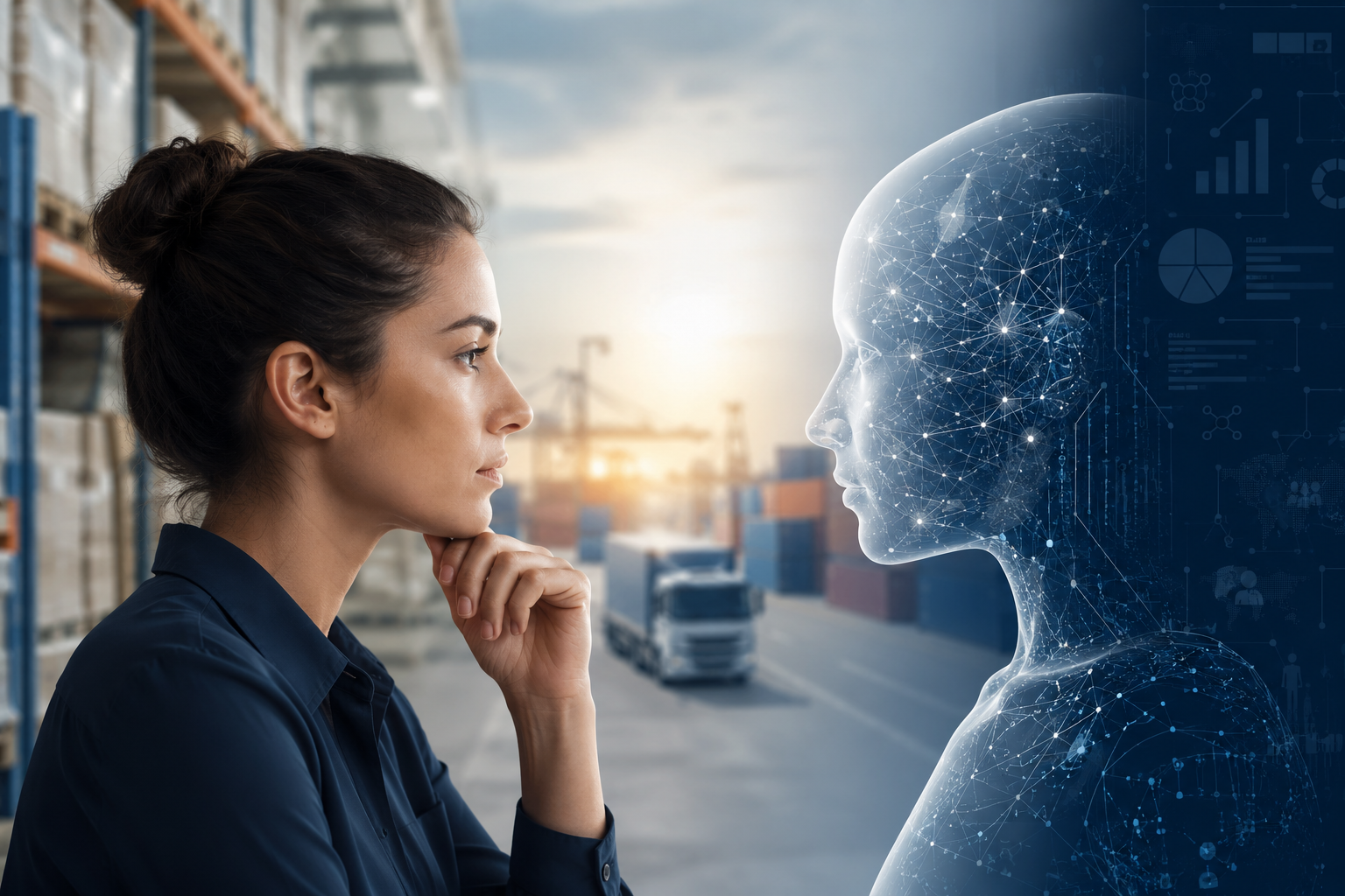 A woman wearing a dark shirt with her hand on her chin looking at a digital, holographic projection of a human head with a network of lines and dots representing a digital brain against an industrial warehouse background.