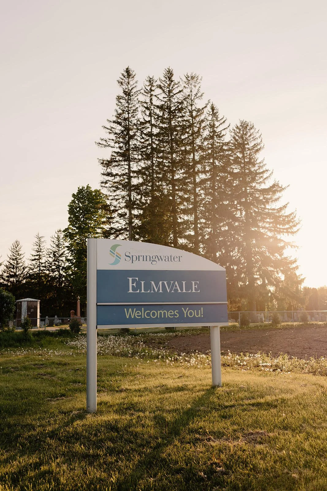 A welcome sign for Elmvale in Springwater Township, with tall trees and a sunset in the background.
