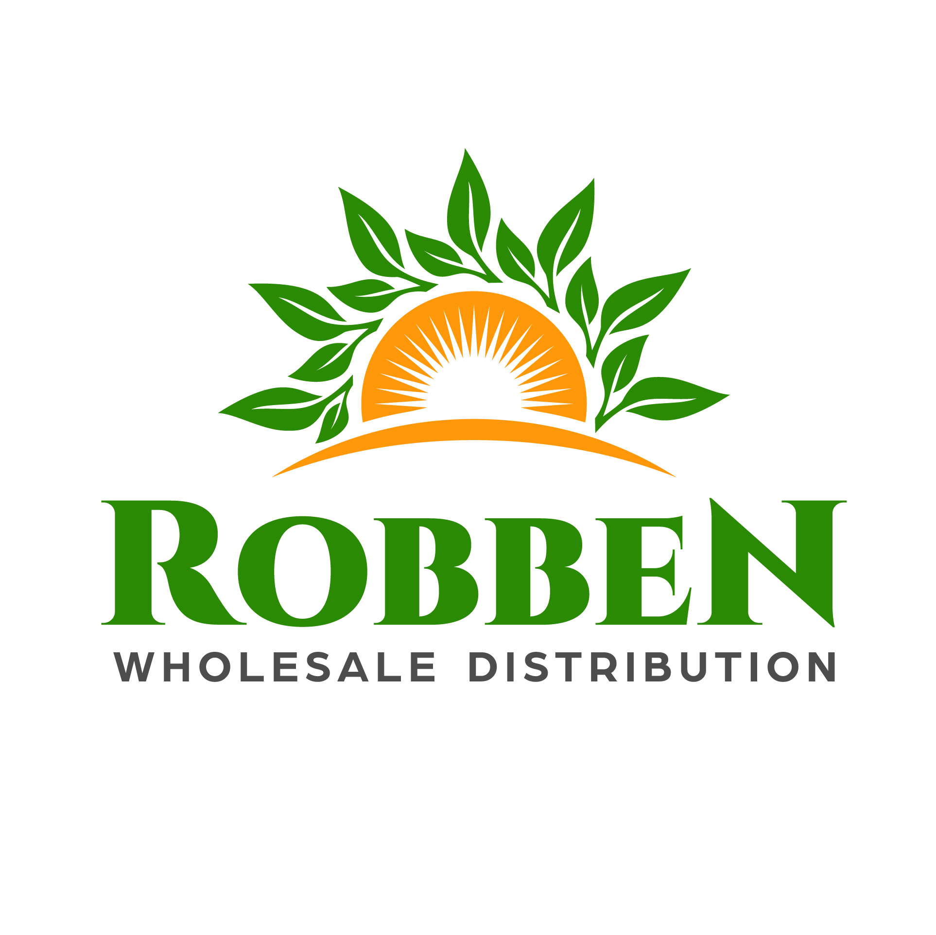 Logo for the wholesale distribution company Robben, featuring a stylized orange and black sun partially covered by green leaves with the company name 'Robben' in bold green letters and the tagline 'Wholesaler Distribution' in smaller gray font.