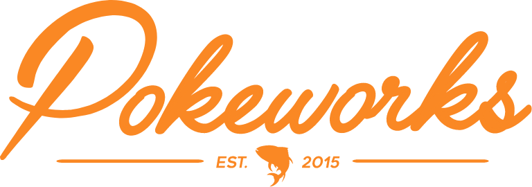 Pokeworks logo in orange script font with an outline of a bird underneath, and 'EST. 2015' written below in smaller font.