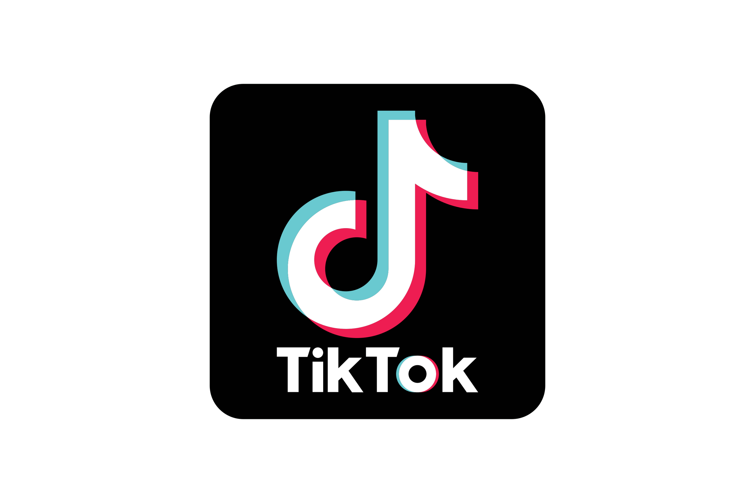 TikTok logo with white, pink, and blue colors on a black background.