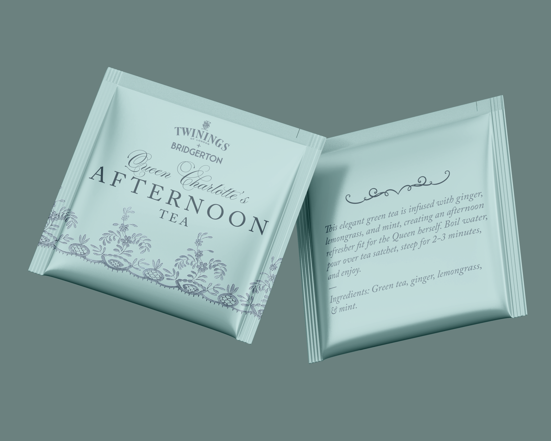 Open book with text about Queen Charlotte's Afternoon Tea on a gray background.