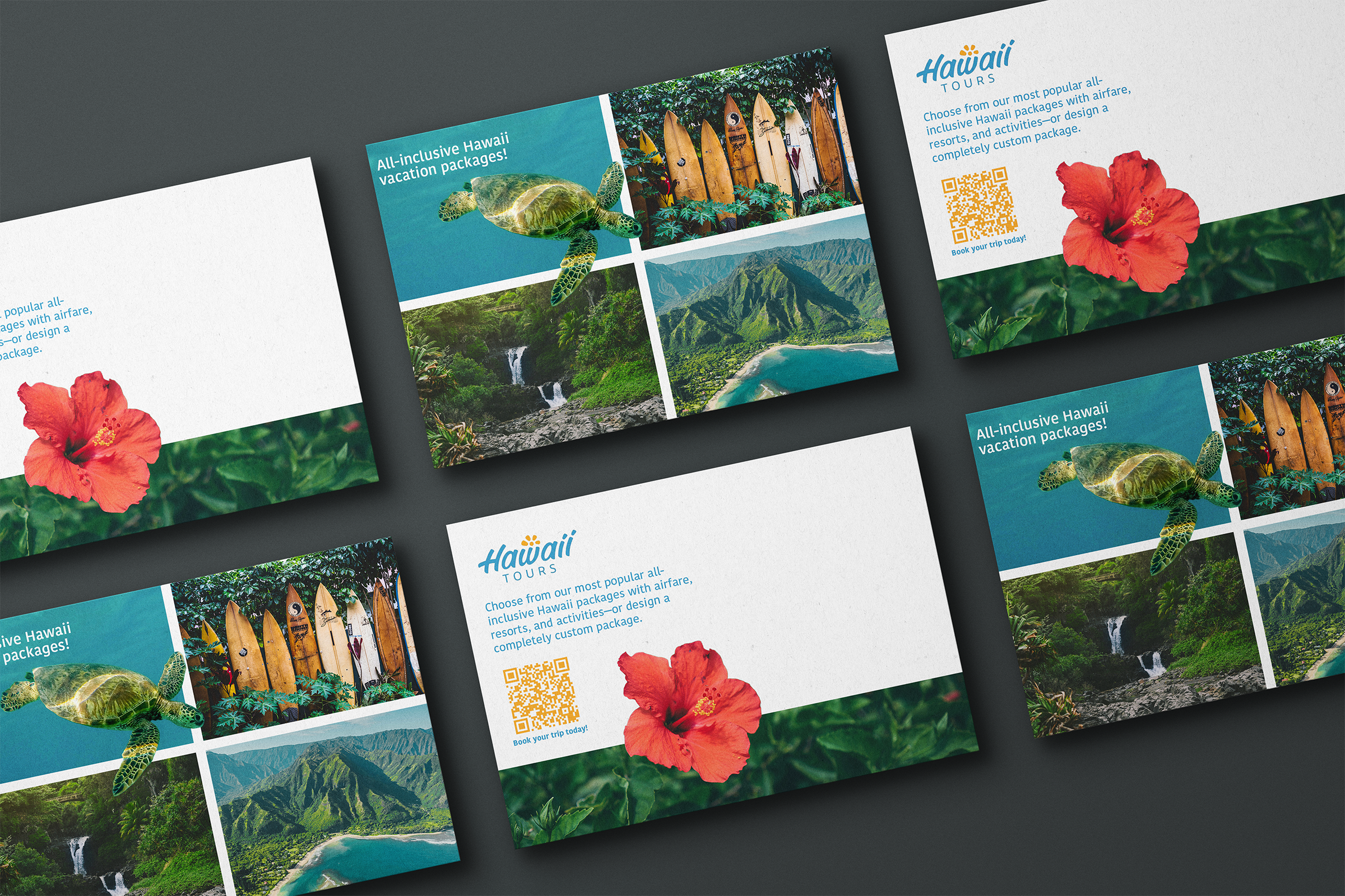 Brochure advertising Hawaii tours with images of a turtle, surfboards, waterfalls, mountains, and hibiscus flower, highlighting all-inclusive vacation packages.