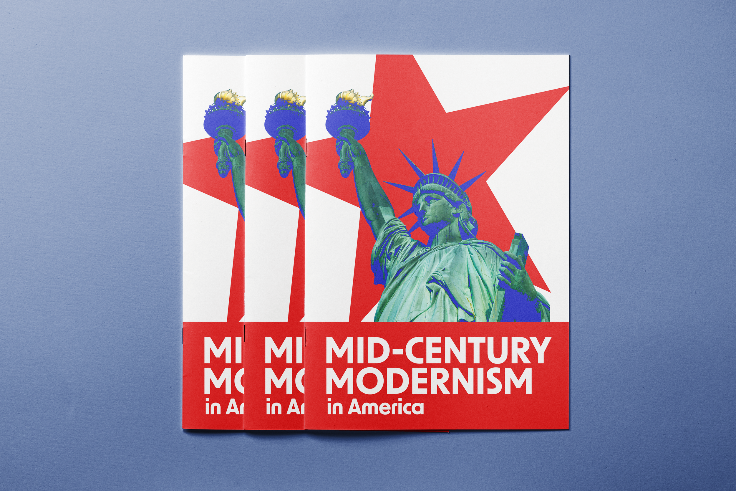 Poster with a stylized image of the Statue of Liberty and a red star in the background. The poster features the title "Mid-Century Modernism in America" repeated several times at the bottom.