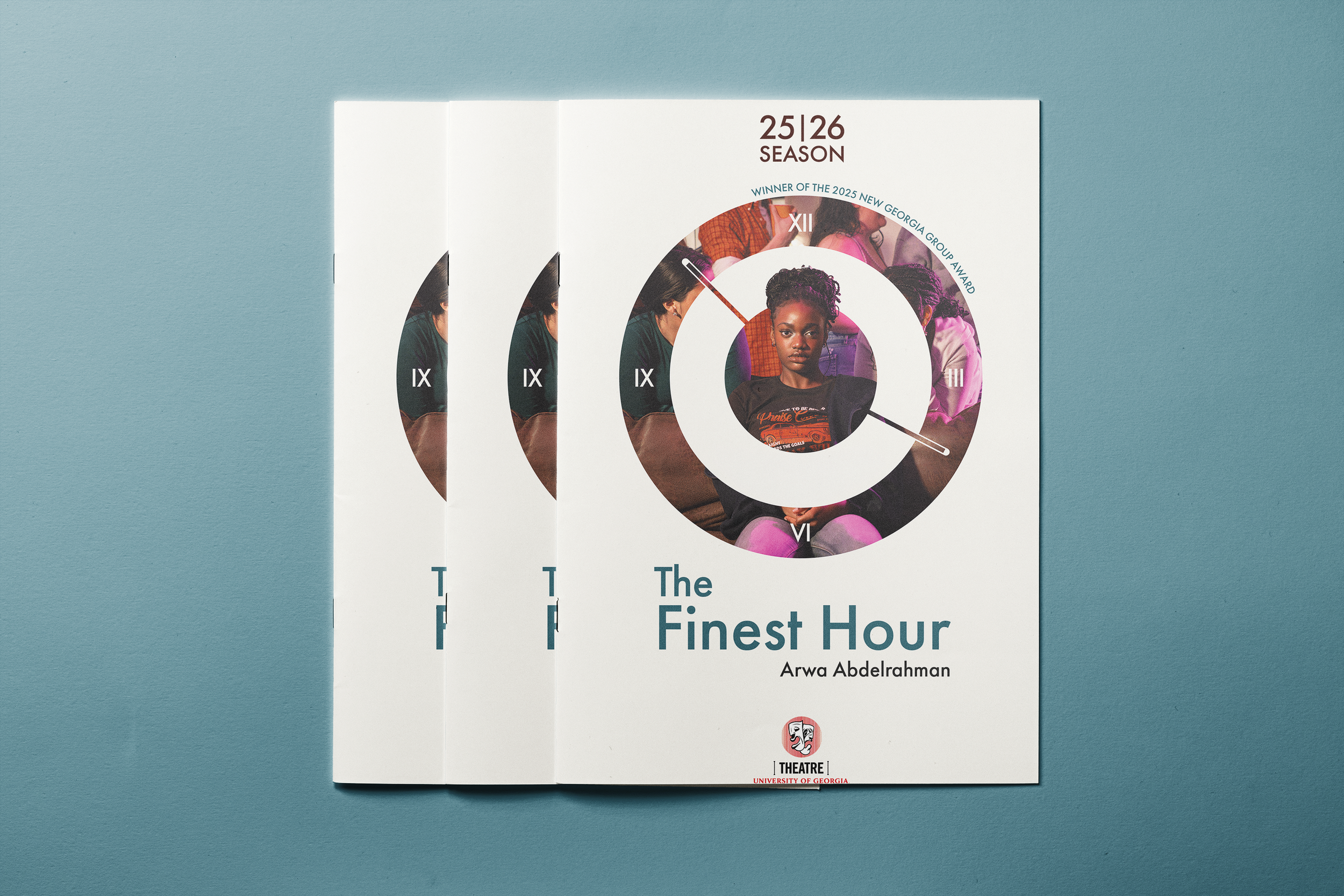 Cover of a book titled 'The Finishing Hour' by Arwa Abdelrahman, featuring a woman seated with a serious expression, surrounded by layered images of other women, with the background being a plain light teal surface.