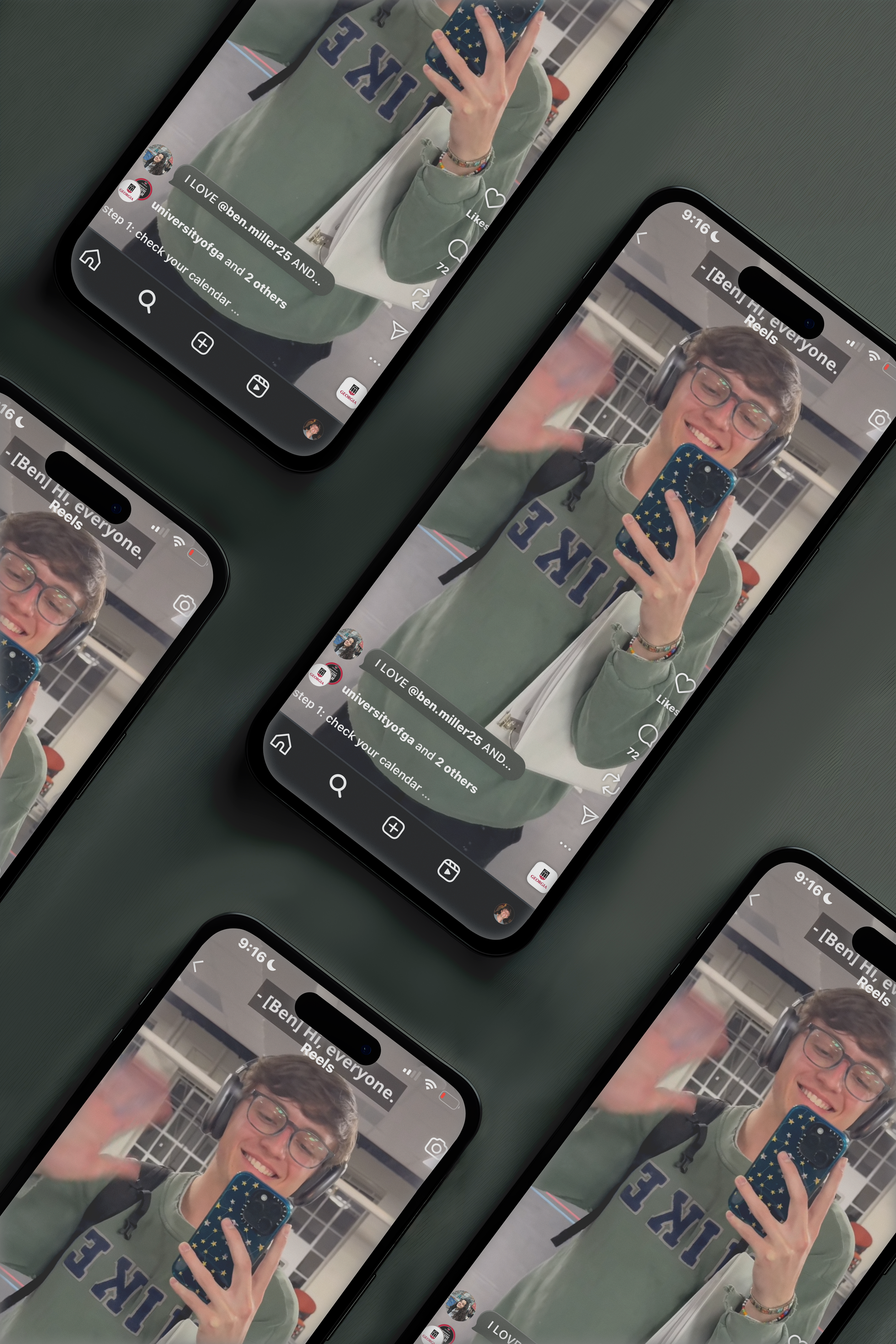 Multiple smartphones displaying a young woman taking a mirror selfie in a gym. She is smiling, wearing glasses, headphones around her neck, and a green sweatshirt with blue lettering. The background includes gym equipment and large windows.