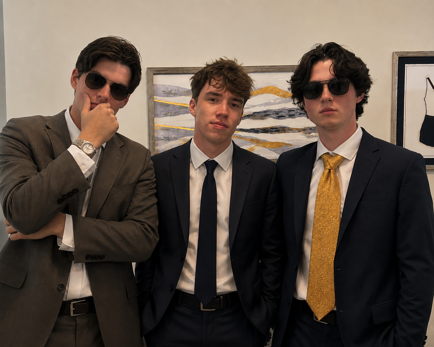 Three young men in suits and sunglasses standing together in front of artwork in an art gallery.