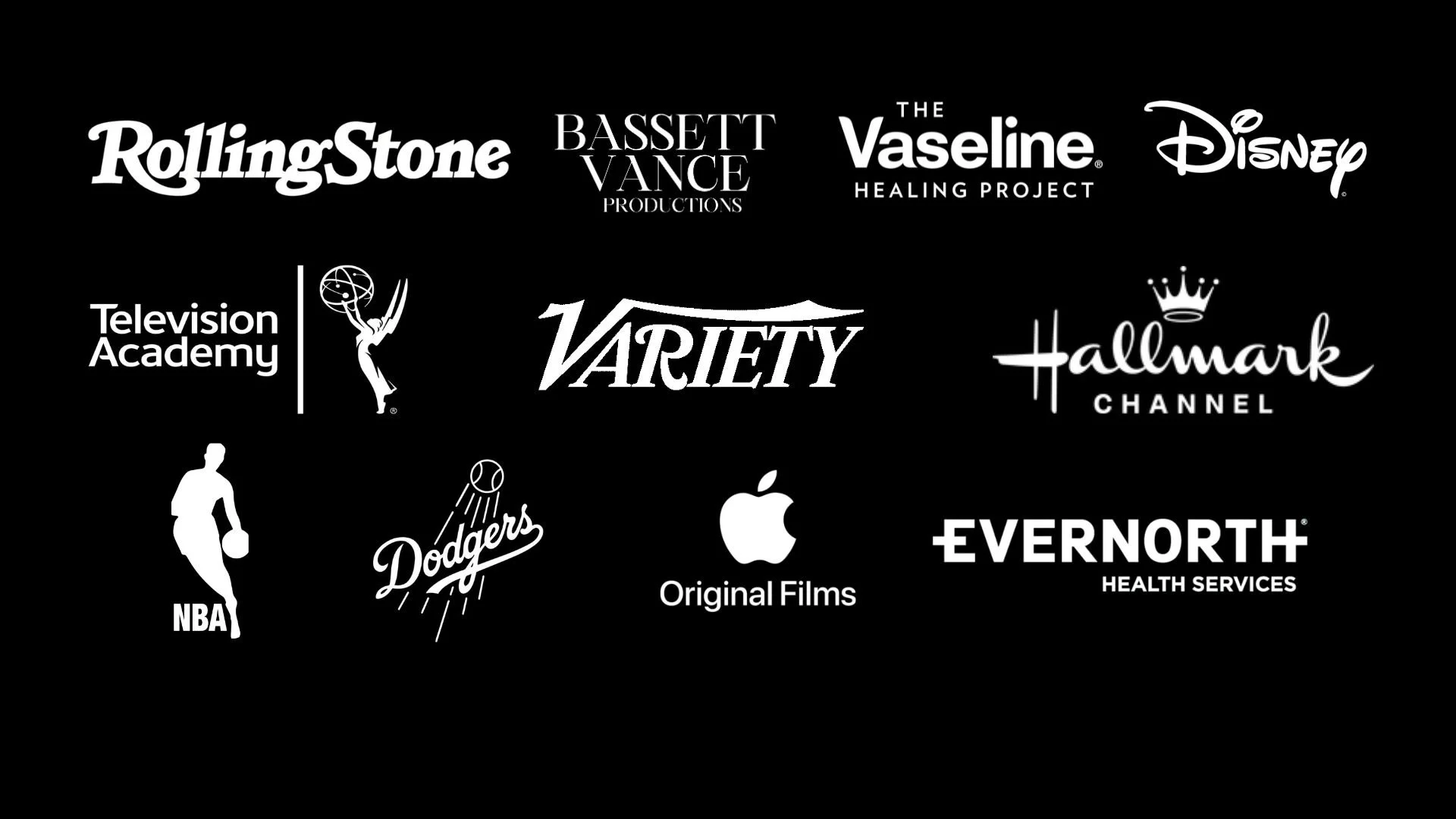 Black background with multiple white logos of media, entertainment, and health companies including Rolling Stone, ABC, Disney, Television Academy, Variety, Hallmark, NBA, Dodgers, Apple, and Evernorth.
