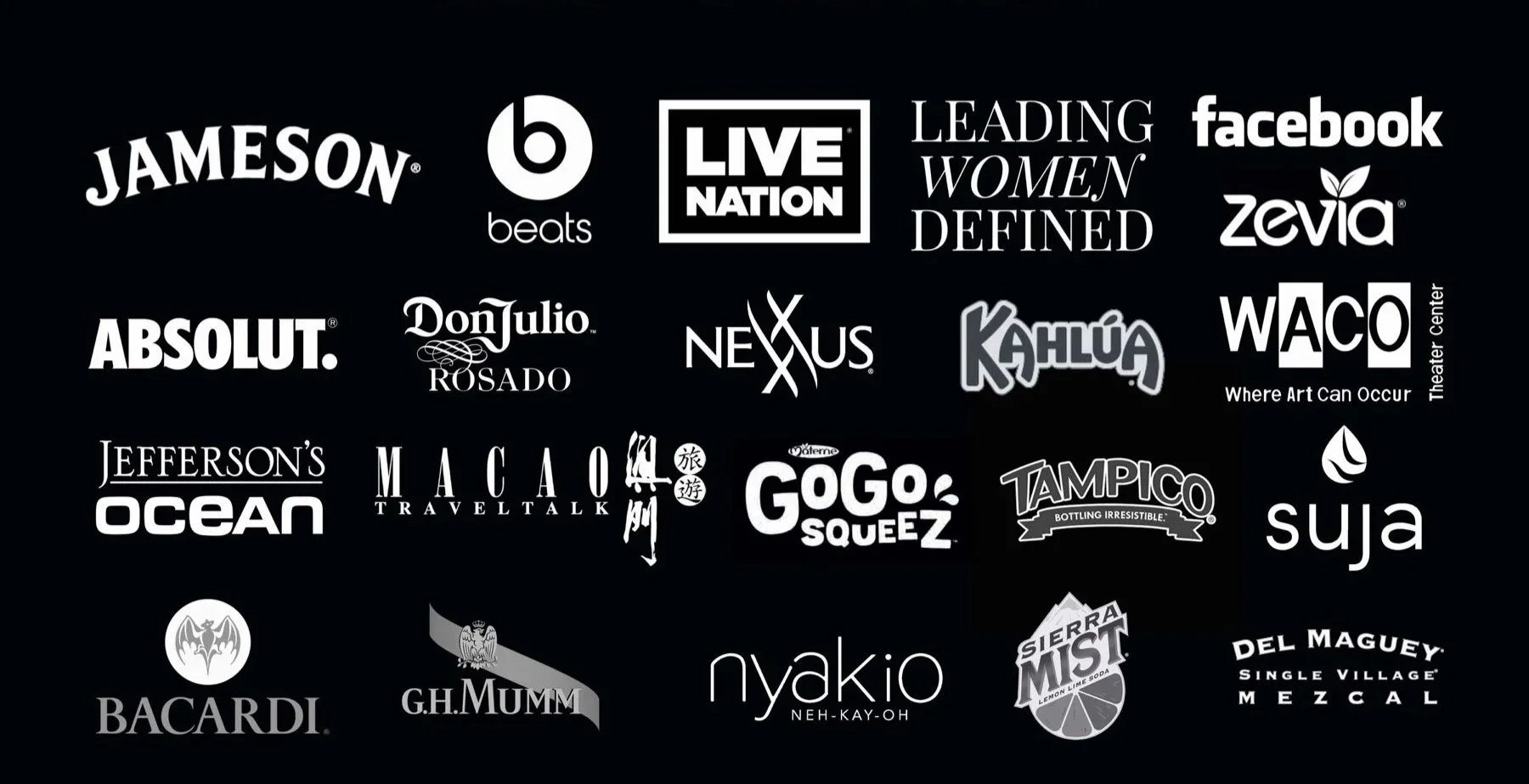 Collection of black and white logos of various brands and organizations arranged in a grid on a black background including Jameson, Beats, Live Nation, Absolut, Facebook, and more.