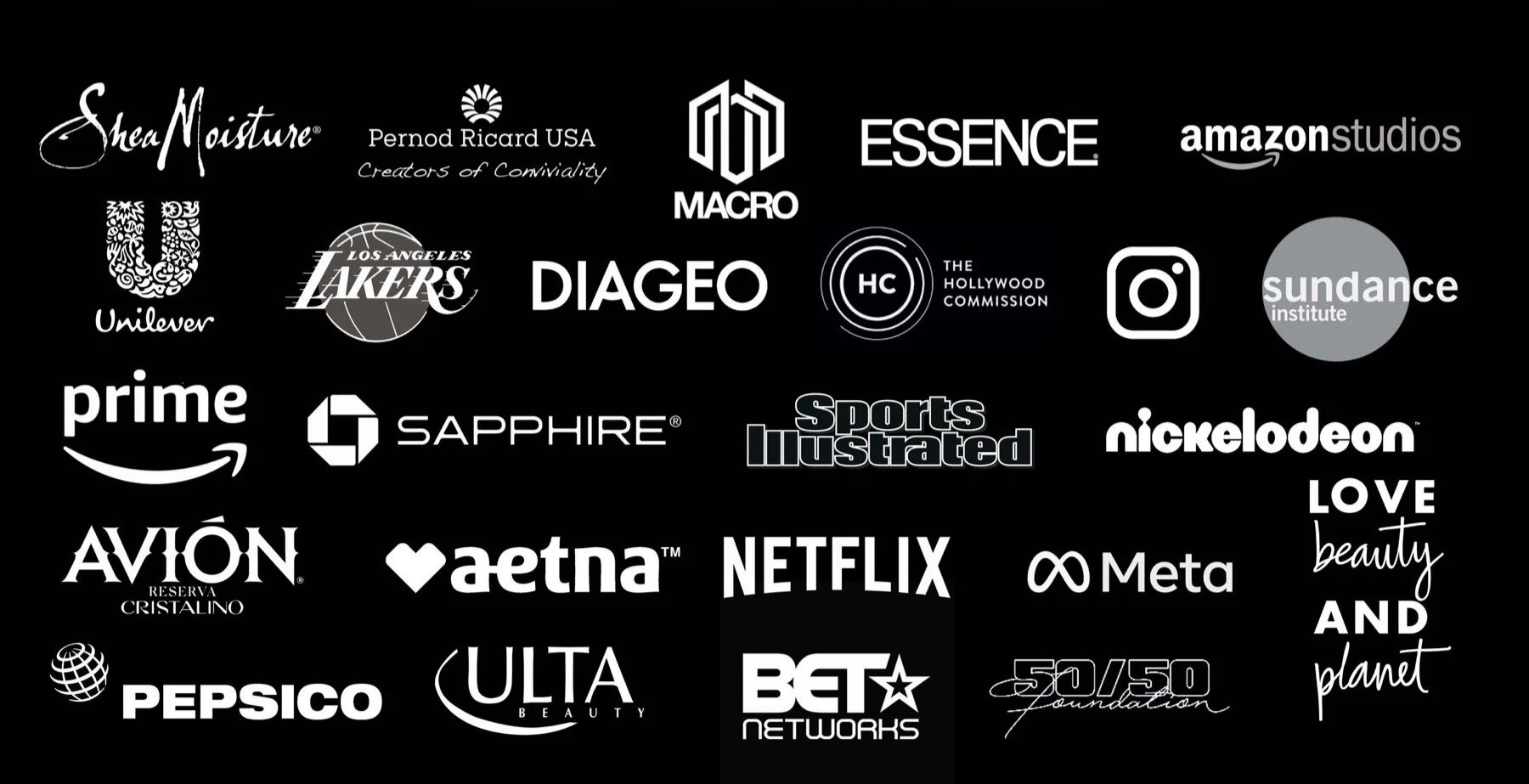 A collage of various company logos on a black background, including Sheer Moisture, Pernod Ricard USA, MACRO, ESSENCE, Amazon Studios, Unilever, Los Angeles Lakers, Diageo, the Hollywood Reporter, Instagram, Sundance Institute, Prime, Sapphire, Sports Illustrated, Nickelodeon, LOVE beauty, Avión, Aetna, Netflix, Meta, PepsiCo, Ulta Beauty, BET Networks, 50/50 Foundation, and Planet.