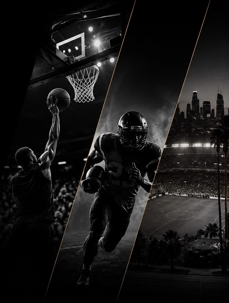 Three black-and-white images side by side: a basketball player shooting a ball towards the hoop, an American football player running with the ball, and a cityscape of Los Angeles at dusk with a soccer stadium illuminated.