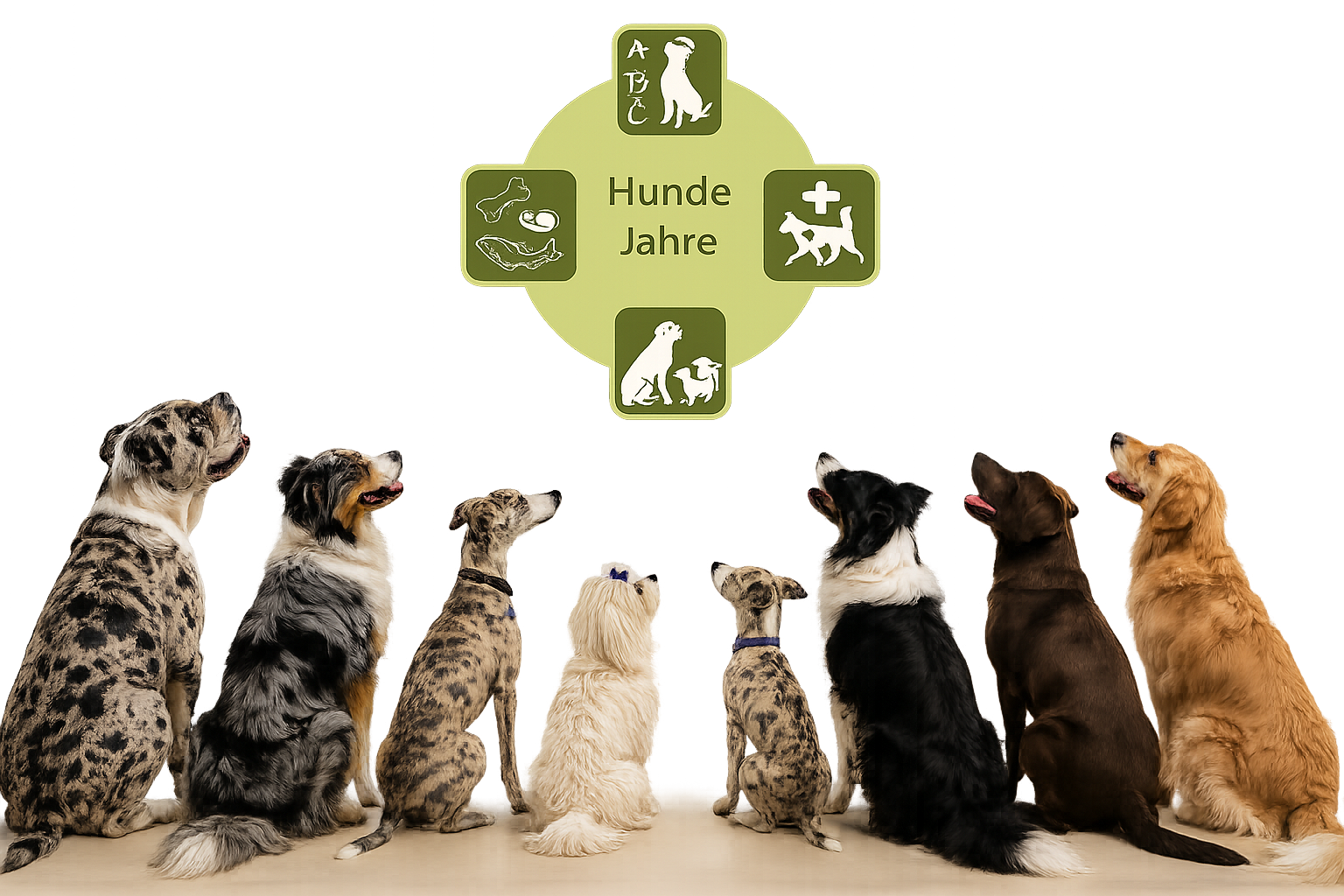verschiedene Hunde schauen auf das HundeJahre Logo