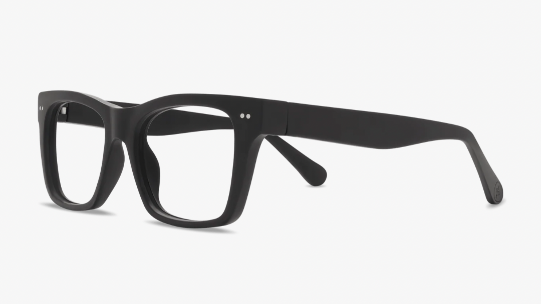 A pair of black glasses with rectangular frames and thick temples, shown against a white background.