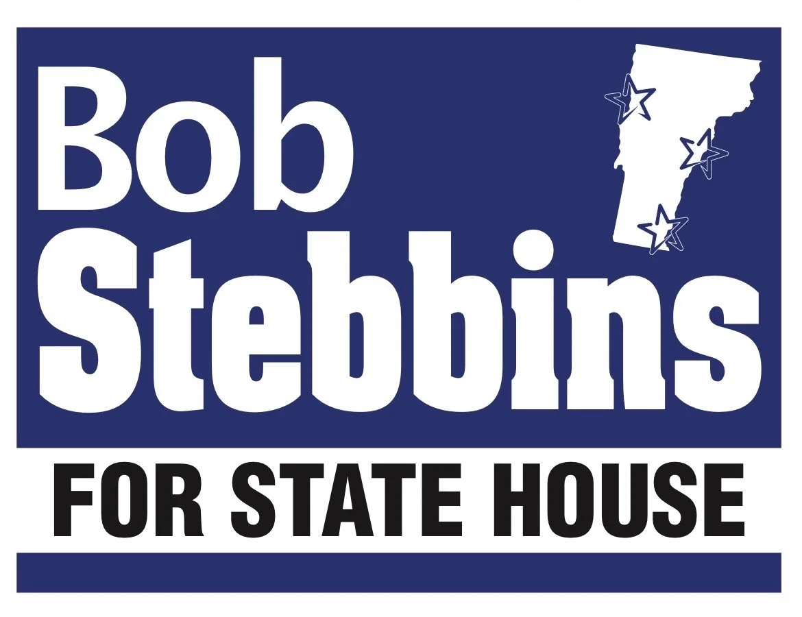 Campaign sign with the name Bob Stebbins and text supporting his run for state house, featuring a map of Arkansas with stars marking specific locations.