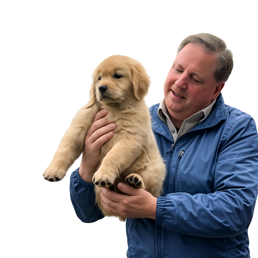 A man holding a golden retriever puppy with a joyful expression on his face.