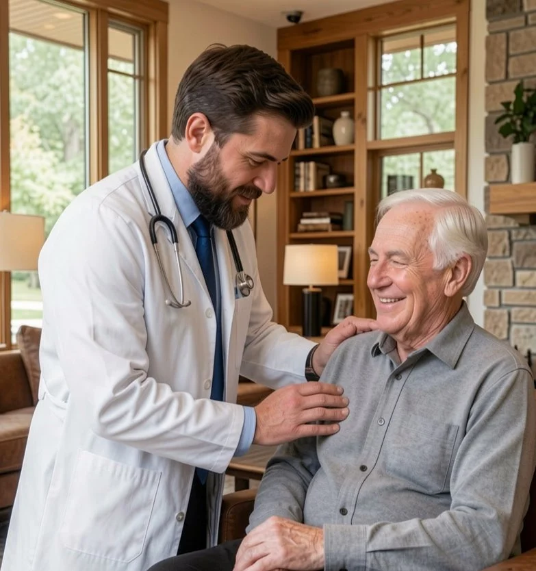 A young male doctor with a stethoscope examines an elderly man smiling in a cozy living room with large windows, wooden shelves, and a stone fireplace.