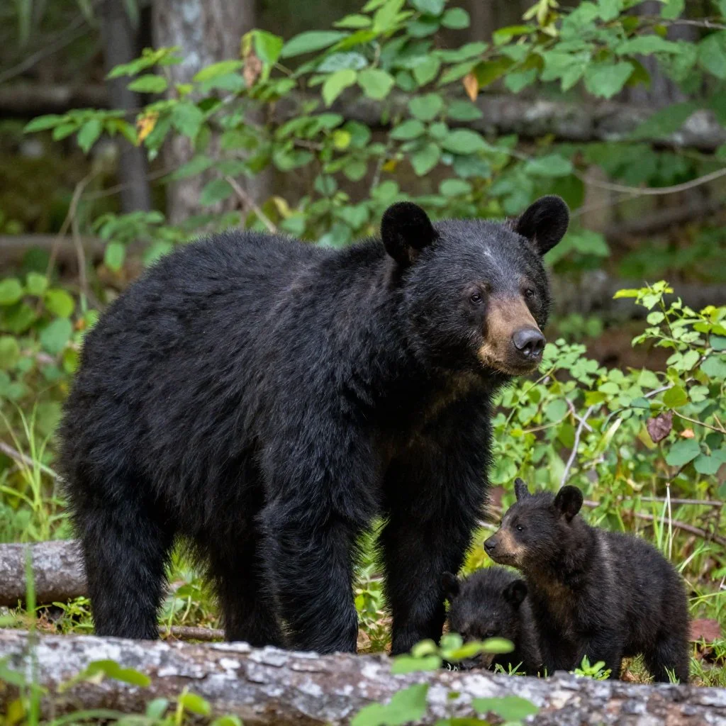 A black bear with three bear cubs foraging in a forested area with green foliage and fallen logs.