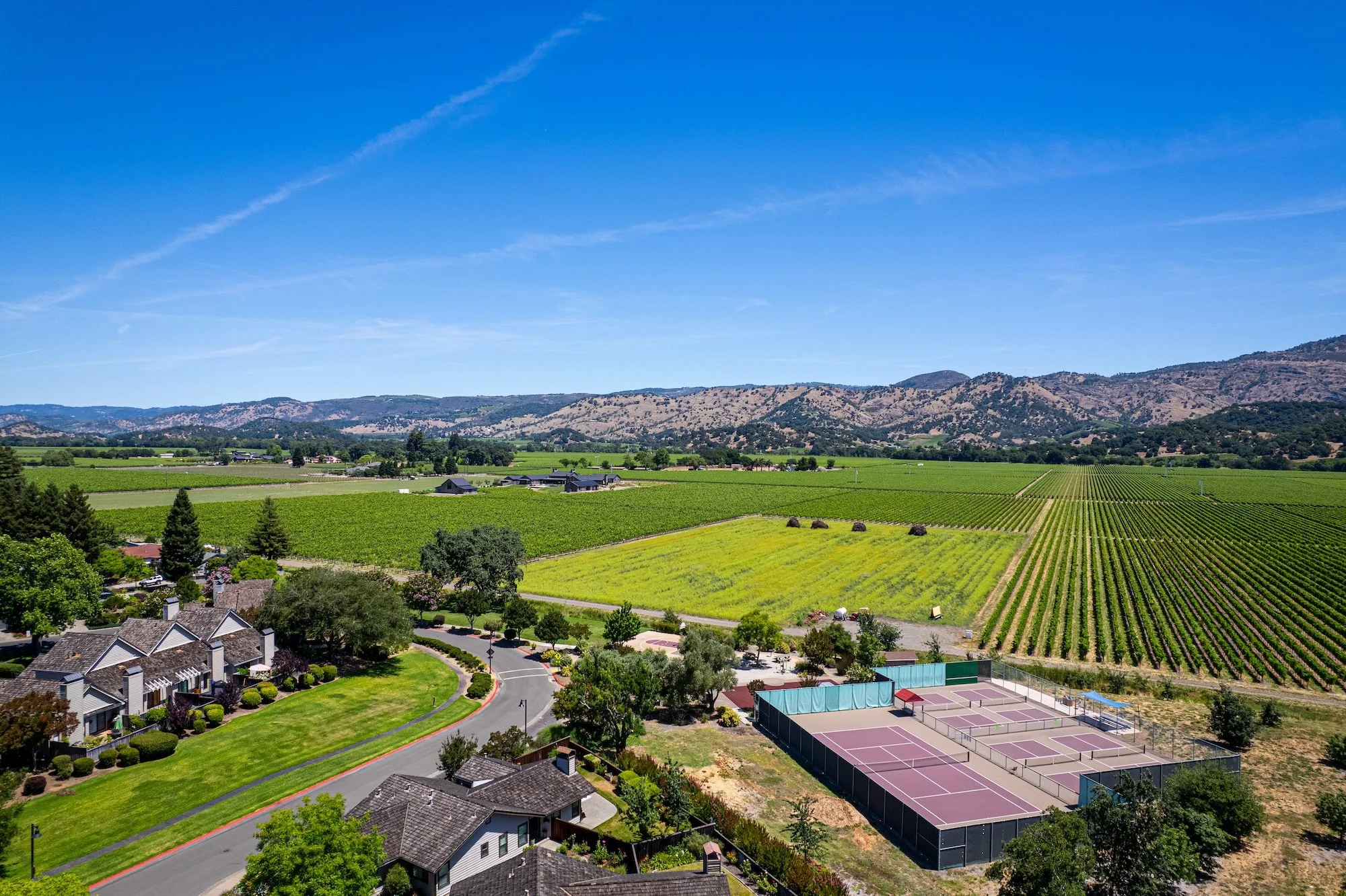 A scenic view of a suburban neighborhood with houses, tennis courts, and schools in the foreground, green fields and vineyards in the middle ground, and mountains under a bright blue sky in the background.